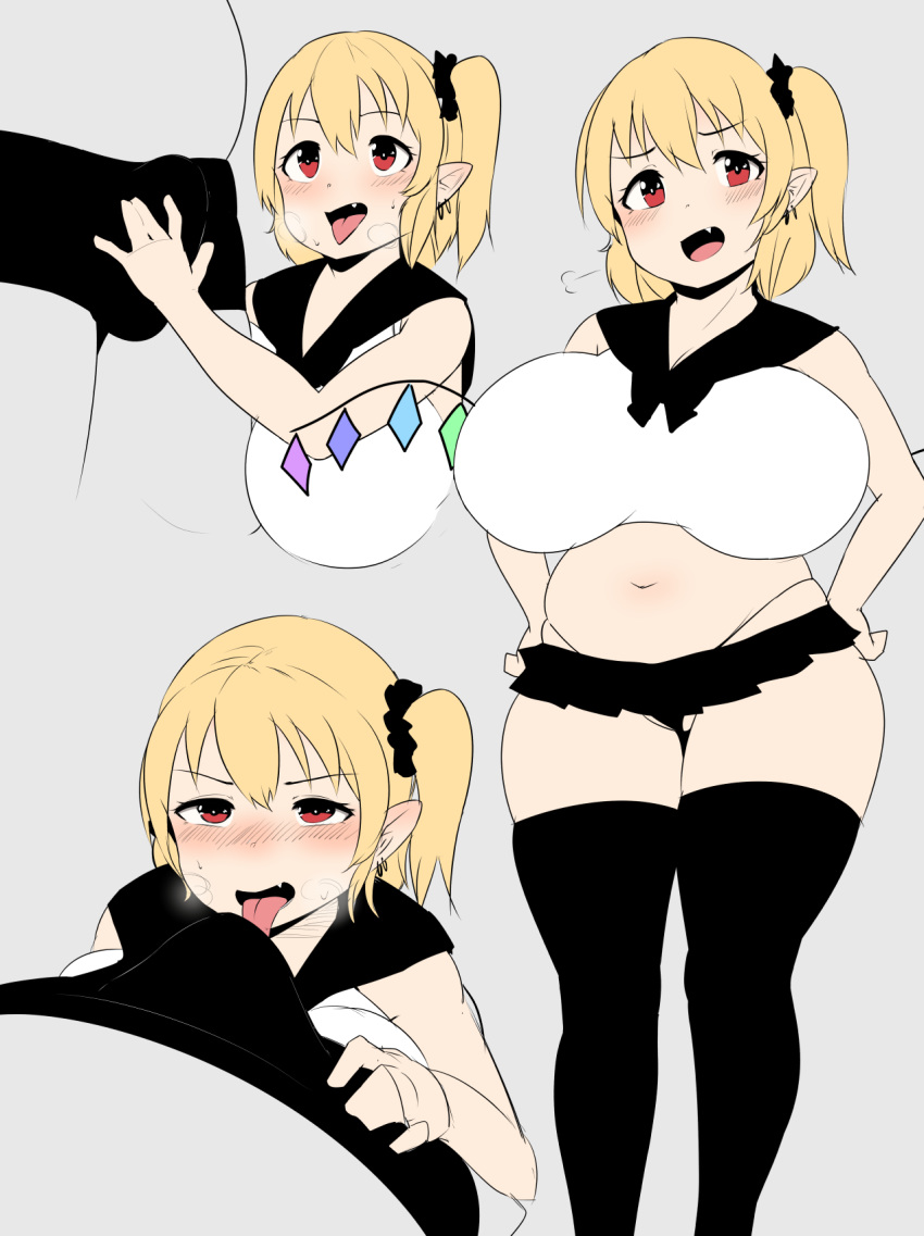 1boy alternate_breast_size black_legwear black_panties blonde_hair blush breasts fellatio female flandre_scarlet highres huge_breasts licking looking_at_viewer midriff navel oozon_(ozon) oral panties red_eyes simple_background thighhighs tongue touhou underwear white_background wings