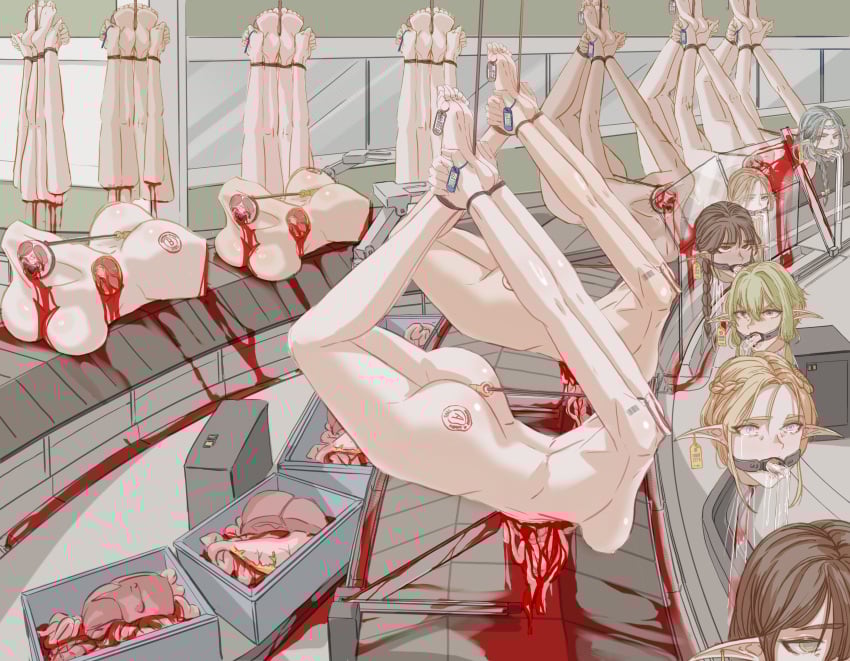 ass barcode barcode_tattoo beheaded beheading blade blonde_female blonde_hair blood blood_drip blood_splatter blood_stain bound bound_ankles bound_wrists braid braided_hair branded branded_female breasts brown_hair brunette_female brunette_hair butcher butchering conveyer_belt conveyor_belt corpse crying dead death decapitation disembowelment ear_tag elf elf_female female female_death female_elf female_focus female_nude female_nudity female_only gag gagged gagged_drooling gagged_female gore green_hair green_hair_female guangmi guro hands_behind_back hanging hanging_from_ceiling hook hook_in_ass humanoid_pointy_ears internal_organs intestines liver lung lungs multiple_deaths nude nude_female pointy_ears ring_gag robotic_arm rope_around_neck severed_arm severed_body_part severed_leg severed_limb slaughter slaughterhouse stamp stamped stomach tears water