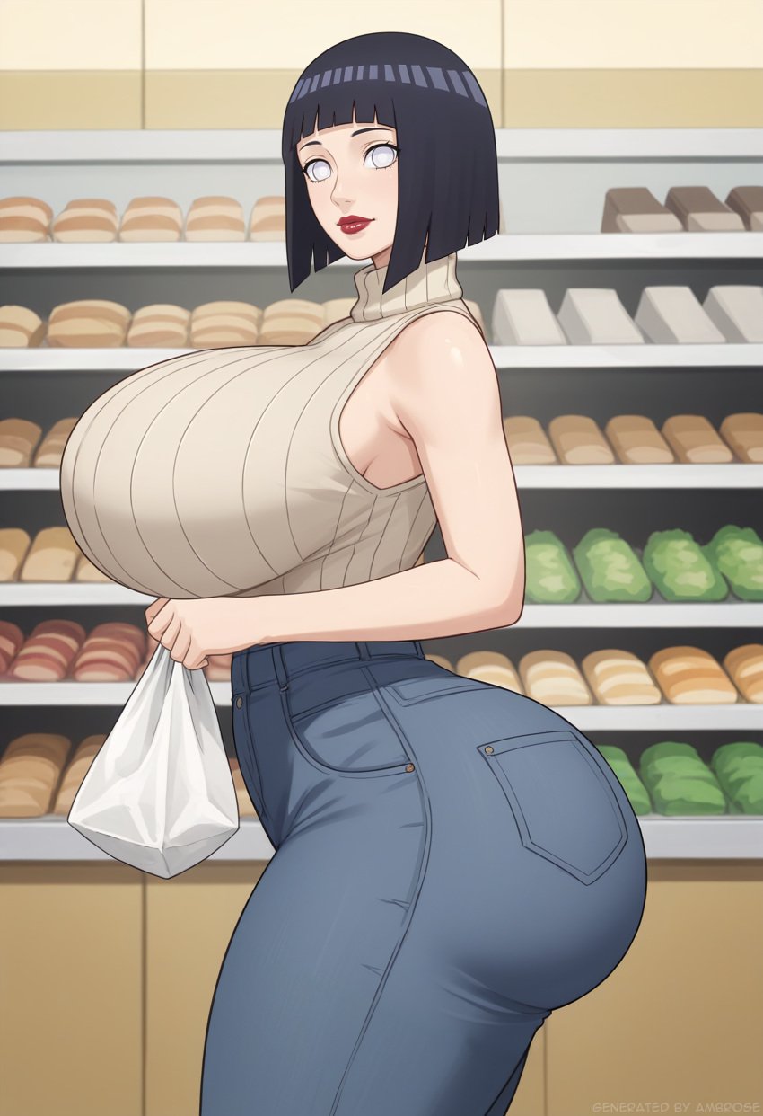 1girls ai_generated ambrose black_hair female grocery_store hourglass_figure huge_ass huge_breasts hyuuga_hinata indoors jeans milf mom_jeans narrow_waist naruto_(series) no_pupils red_lipstick self_upload shopping_bag short_hair side_view sleeveless solo stable_diffusion sweater thick_thighs turtleneck_sweater white_eyes