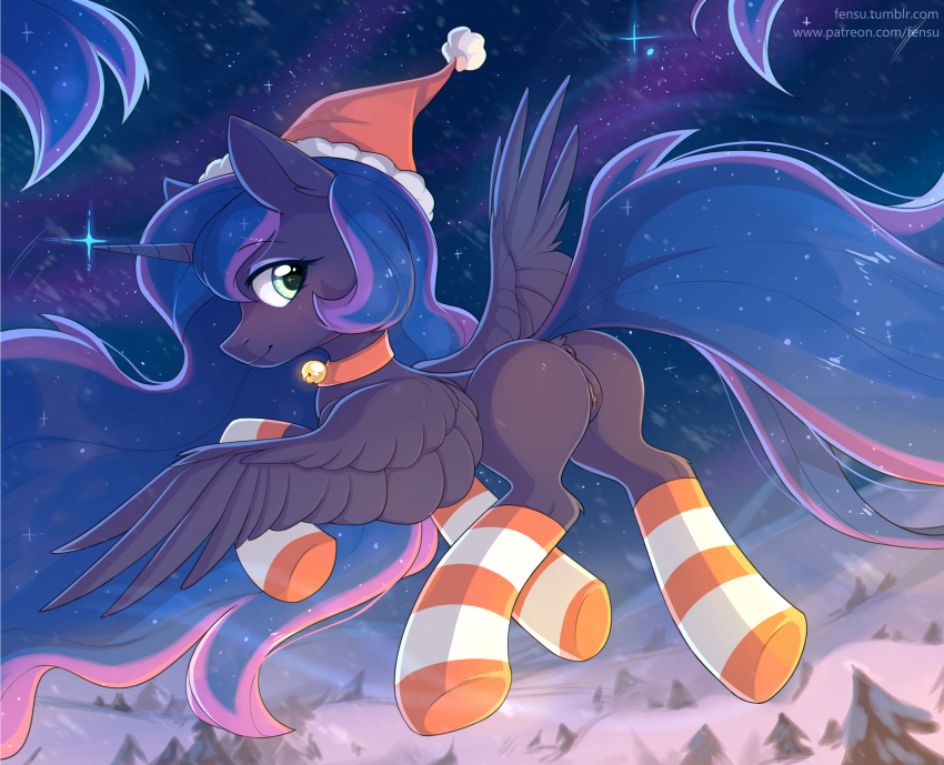 alicorn anus ass christmas digital_media_(artwork) equine feathered_wings feathers female fensu-san feral flying friendship_is_magic hair hat hi_res holidays horn long_hair looking_at_viewer mammal my_little_pony outside princess_luna_(mlp) pussy santa_hat smile solo wings