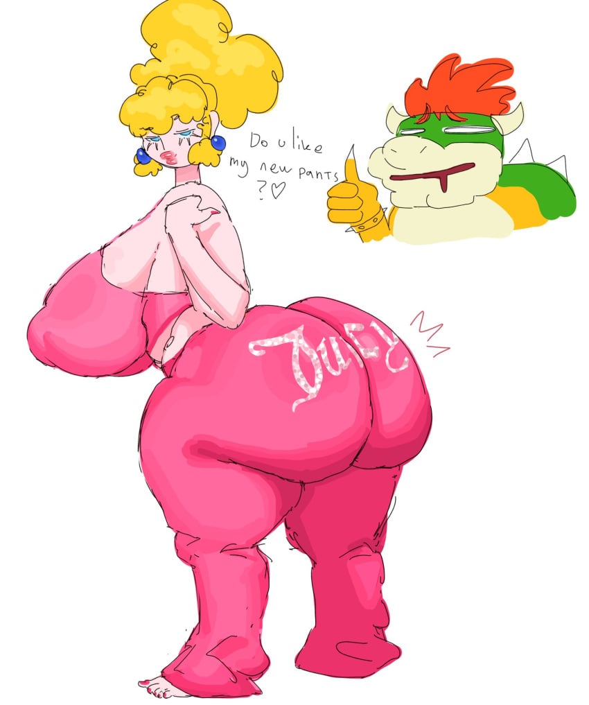 1boy 1girls adama39062 ass big_ass big_breasts blonde_hair blue_eyes bowser breasts clothing dialogue dumptruck_ass duo enormous_ass fat_ass female gigantic_ass horns huge_ass human koopa large_ass light-skinned_female light_skin male mario_(series) massive_ass nintendo pink_clothing princess princess_peach red_hair reptile royalty scalie thick_ass thick_thighs thighs thumbs_up white_background