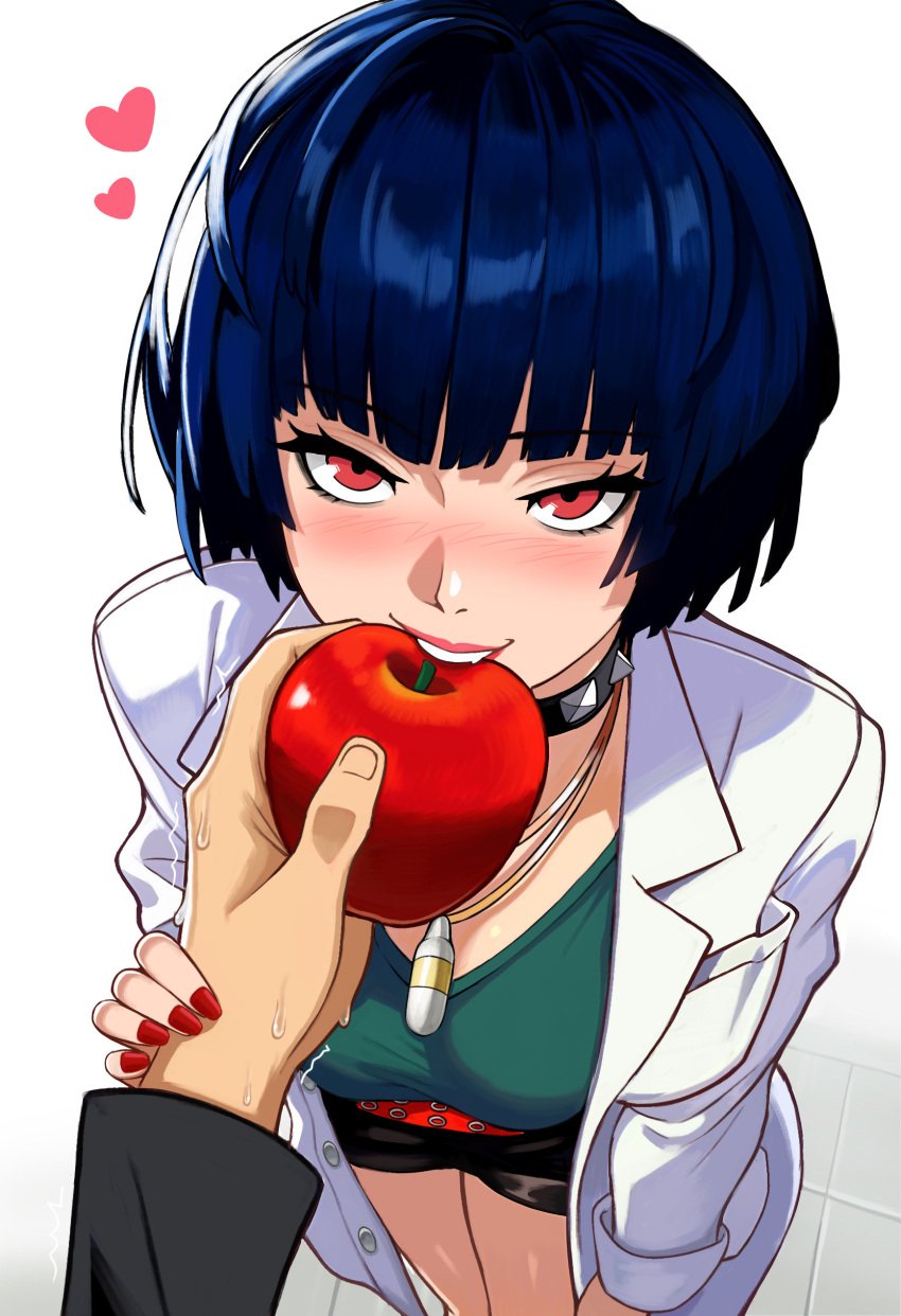 1girls 2024 2d apple blue_hair blush choker doctor female female_focus fully_clothed highres light_skin looking_at_viewer neggoartz persona persona_5 red_eyes red_nails solo_focus tae_takemi white_skin