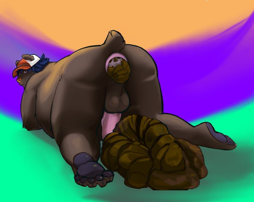 after_vore all_fours anthro anus ass balls bear bear_tail blue_hair bone brown_feces clothing colorful_background death erection excessive_feces fatal_vore feces feces_in_ass feces_on_ground feces_pile feet fur furgonomic_hat furgonomic_headwear furgonomics genitals hair hat headgear headwear hi_res human human_prey human_skull humanure hyper hyper_feces hyper_feces_pile looking_back male mammal nude overweight overweight_male penis perineum pink_anus pink_penis pooping_on_floor raised_tail rear_view scat skull skull_in_anus solo stufferzz tail text vein veiny_penis vore