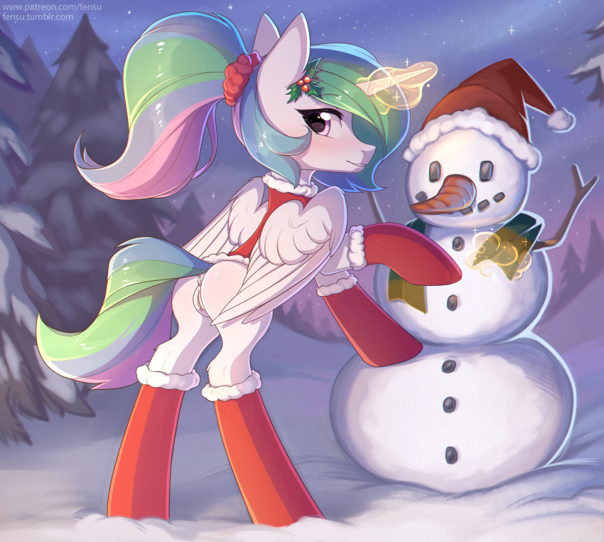 2017 absurd_res alicorn anus ass blush christmas digital_media_(artwork) equine feathered_wings feathers female fensu-san feral friendship_is_magic hair hat hi_res holidays horn looking_at_viewer mammal multicolored_hair my_little_pony outside princess_celestia_(mlp) pussy santa_hat snowman solo tree wings