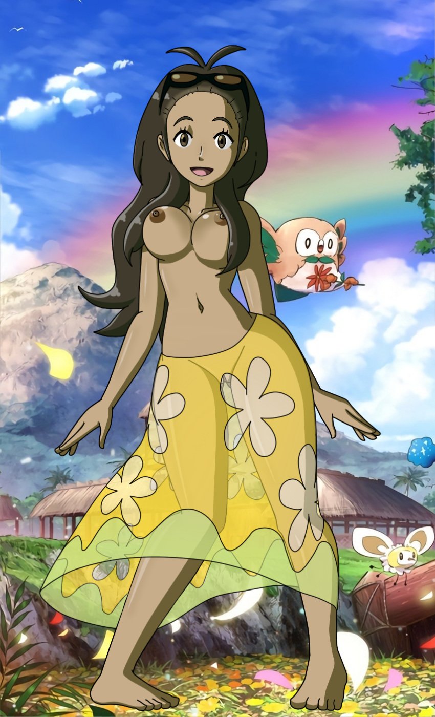 1girls ambiguous_gender areolae bare_shoulder barefoot beak belly big_breasts blue_background breasts brown_eyes claws clothed clouds cosmog cutiefly dark-skinned_female dark_skin eyelashes fairy feet female floating flying grass human human_only insect long_hair looking_at_viewer milf mother mother_(pokemon_sm) navel nintendo no_panties open_mouth outdoors owl pokemon pokemon_(species) pokemon_sm pussy rainbow rowlet see-through skirt sky smile solo_focus standing sunglasses sunglasses_on_head toes tongue topless wings