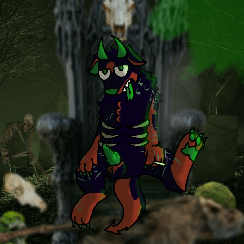 666 animal_genitalia animal_skull black_fur blue_fur canine canine_penis cemetery damien dead_body demon green_horns hellhound holding_cigarette horns knotted_penis looking_at_viewer necrophilia not_porn? oc orange_fur penis precum scars self_harm_scars skeleton solo spiky_cock spread_legs tongue_out