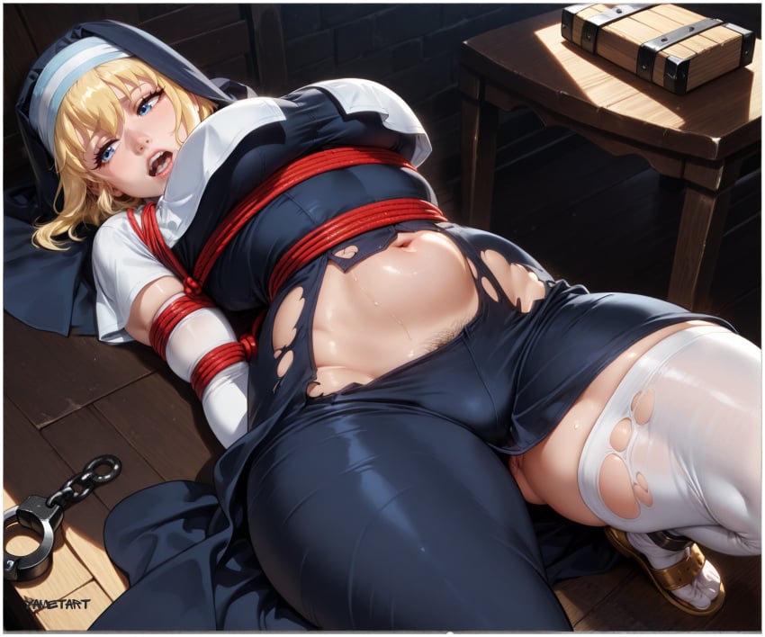 ai_assisted ai_generated bewitching_thighs big_breasts blodne_hair bondage cleavage curvy elbow_gloves enen_no_shouboutai fire_force iris large_breasts nun nun_outfit on_back pixai ripped_clothing rope rope_bondage short_hair sister_iris_(enen_no_shouboutai) sister_iris_(fire_force) thick_thighs thighhighs tied_up torn_clothes yametastudio