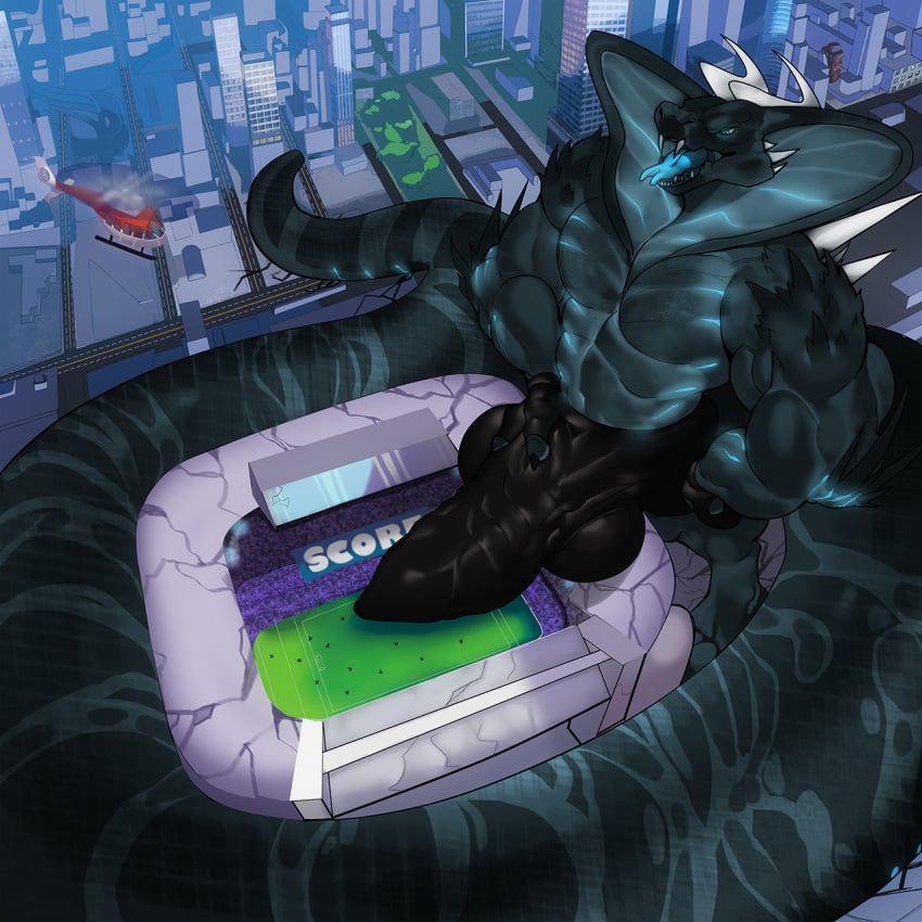 abs anthro balls balls_outline biceps big_balls big_penis big_tail black_body blue_eyes blue_glow blue_penis blue_tongue briefs building building_destruction bulge city city_background cityscape claws clothing cobra destruction detailed_bulge ectogoat erection erection_under_briefs extreme_size_difference feet fingerless_gloves football_field genital_outline genitals gloves glowing glowing_markings handwear hi_res huge_tail kai'nek_(pyronite) macro macro_anthro macro_male male markings masturbation muscular muscular_anthro muscular_male nude open_mouth outside pecs penile penis penis_outline pyronite(commissioner) rampage reptile scaled_penis scalie size_difference smile snake solo stadium surrounded tail tail_wraps teeth tongue tongue_out underwear wraps