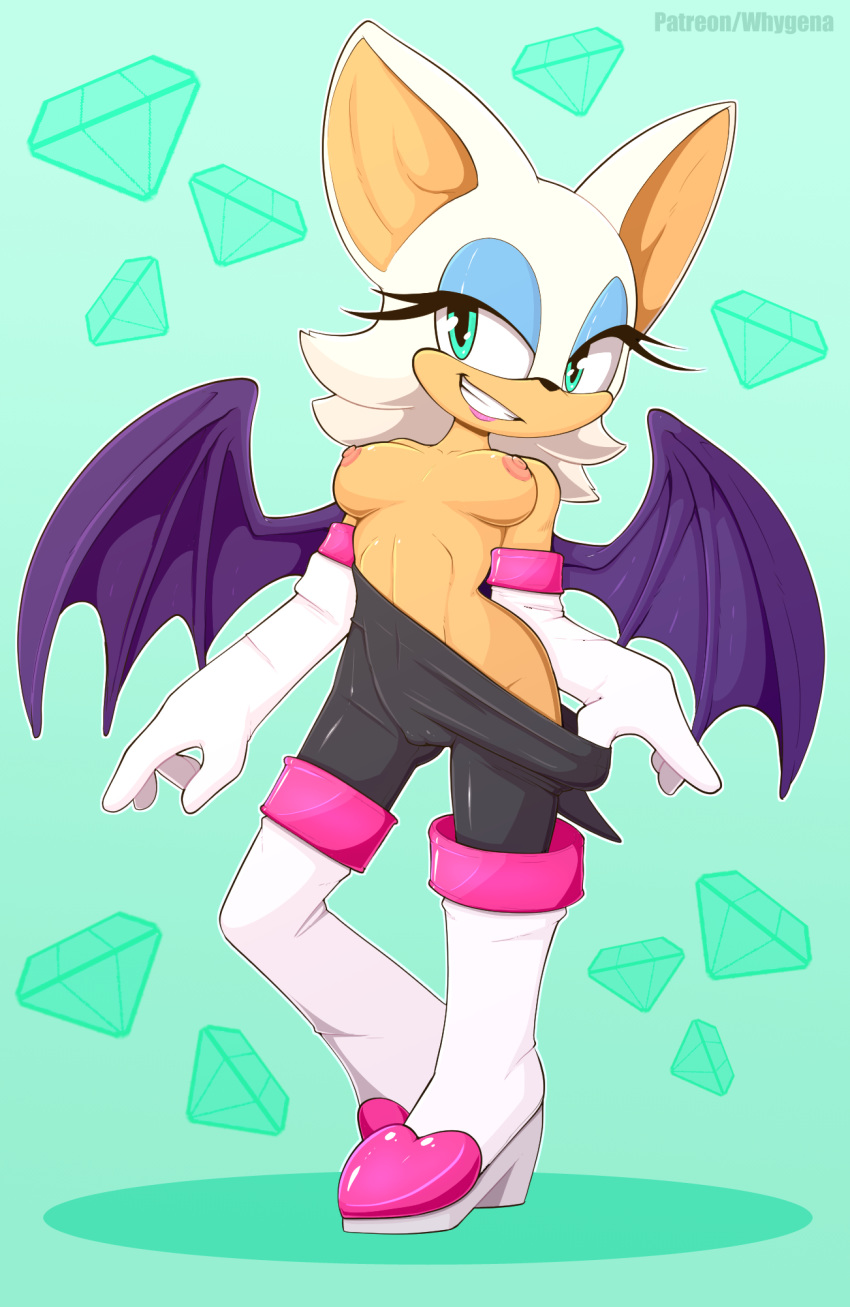 anthro bat black_legwear breasts breasts_out cameltoe elbow_gloves eyeshadow female female_only gloves high_heels looking_to_the_side membranous_wings nipples rouge_the_bat smile solo sonic_(series) thighhighs undressing white_fur whygena whygena-draws wings