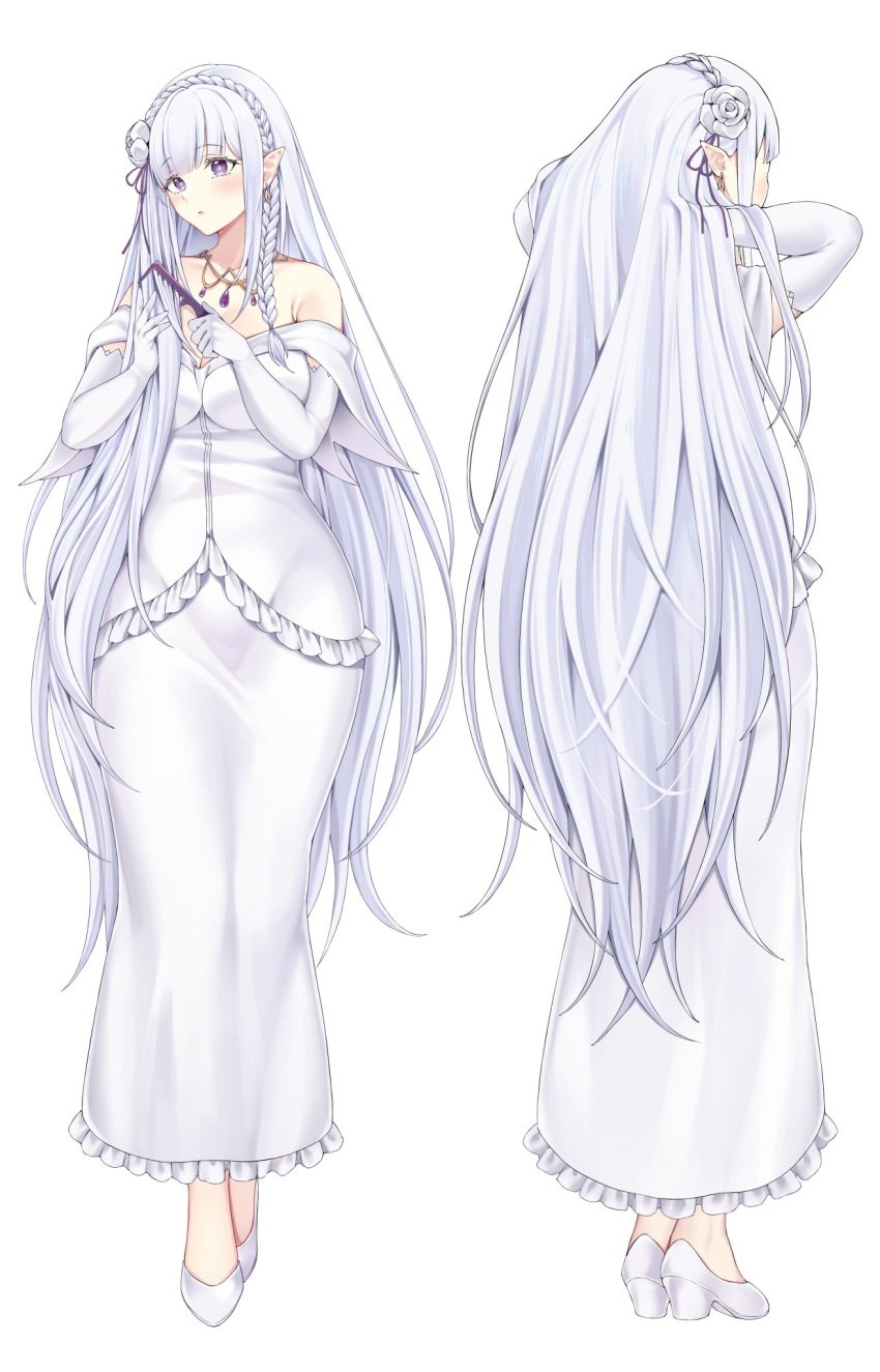1girls beautiful braided_hair breasts child_bearing_hips elf elf_ears elf_female elf_girl emilia_(re:zero) female foxie30 gloves half-elf hands_behind_head hands_in_hair high_heels huge_boobs huge_breasts large_boobs large_breasts long_hair milf mommy necklace re:zero_kara_hajimeru_isekai_seikatsu sexy silver_hair solo thick_thighs thighs very_long_hair voluptuous voluptuous_female wedding_dress white_dress white_gloves wide_hips