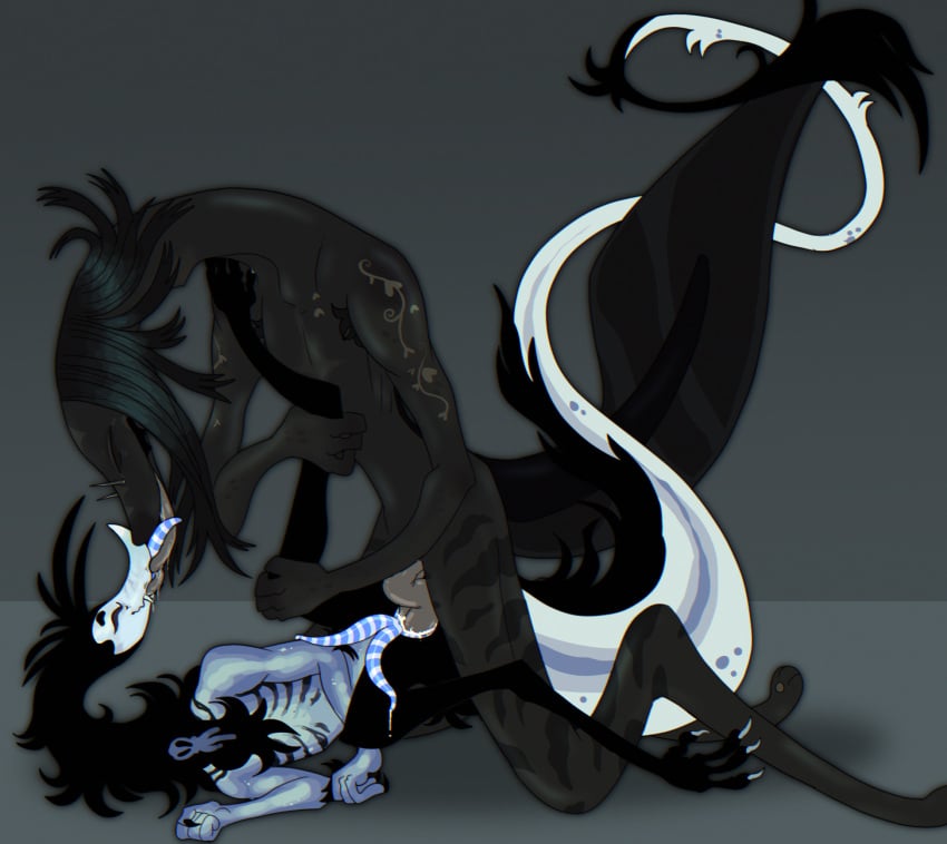 2_penises alien amphibian animal_genitalia animal_penis anthro arm_tuft armpit_hair black_body black_claws black_fur black_hair black_legs black_lips blue_body blue_claws blue_face blue_fur blue_nose blue_penis blue_tail bodily_fluids body_hair brown_penis brown_tongue butt_tuft chest_tuft claws cloaca cloacal cloacal_penetration cloacal_penis closed_eyes cum cum_drip cum_in_cloaca cum_inside digital_media_(artwork) diphallia diphallism double_penetration dripping duo elbow_tuft erection esme_(plentyofsoup) facial_piercing fangs fin fingers french_kissing fur furred_scalie genital_fluids genitals glistening glistening_body glistening_horn grey_body grey_face grey_neck grey_nose hair happy happy_sex head_tuft hemipenes hi_res holding_leg horn hybrid kissing lips long_neck long_nose long_tail long_tongue male markings mole_(marking) multi_genitalia multi_penis multicolored_body neck_tuft nonbinary_(lore) nose_piercing nude pawpads penetration penis piercing plentyofsoup precum precum_bead precum_drip saliva scalie sex simple_background skull_(marking) sloan_(plentyofsoup) smile spike_piercing striped_genitalia striped_legs striped_penis stripes tail tail_fin tail_tuft tattoo teeth tongue tongue_on_tongue tongue_out trans_(lore) trans_woman_(lore) tuft vine_tattoo