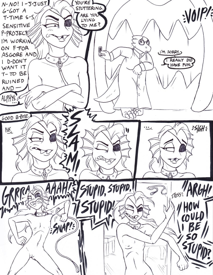 2015 alphys angry anthro bed bedroom black_and_white blush breasts claws collar comic dialogue duo english_text eyewear female flat_chested glasses hi_res leash marine misunderstanding monochrome nipples nude pen_(artwork) pussy reptile scalie small_breasts smile teeth text toe_claws traditional_media_(artwork) undertaild undertale undyne video_games yuri