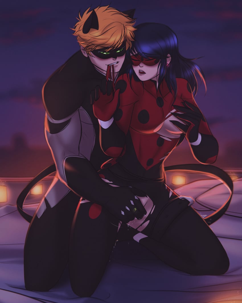 adrien_agreste adrienette blonde_hair blue_eyes blue_hair breasts canon_couple cat_noir green_eyes ladybug_(character) marinette_cheng marinette_dupain-cheng megssin miraculous_ladybug torn_bodysuit