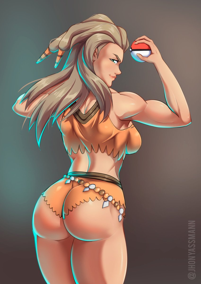 2d ass blue_eyes breasts brown_hair brown_skin brown_skinned_female bubble_butt busty dangar_san female female_focus female_only hourglass_figure long_hair looking_at_viewer looking_back nintendo pokeball pokemon professor_sada_(pokemon) rear_view sideboob standing tagme wide_hips
