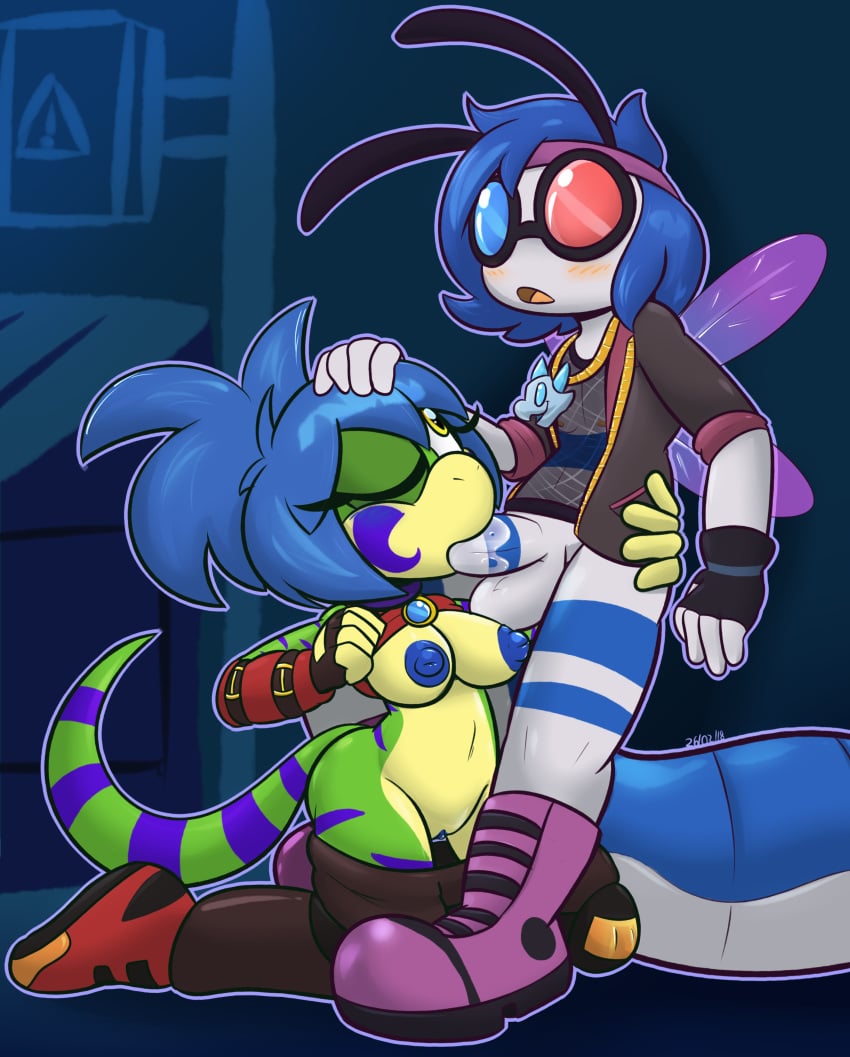 2-d_(felino) 2018 3d_glasses abdomen alley antennae anthro arthropod balls blue_hair blue_markings blue_nipples boots breasts chitin chrome_(felino) clothed clothing dragonfly erection eyewear felino fellatio female fishnet_topwear footwear gecko green_scales hair hand_on_head hip_grab humanoid_penis insects jacket jewelry kneeling lizard male markings necklace nipples oral outside pants pants_down partially_clothed penis pussy raised_shirt reptile scales scalie semi_public sex standing straight white_body yellow_eyes