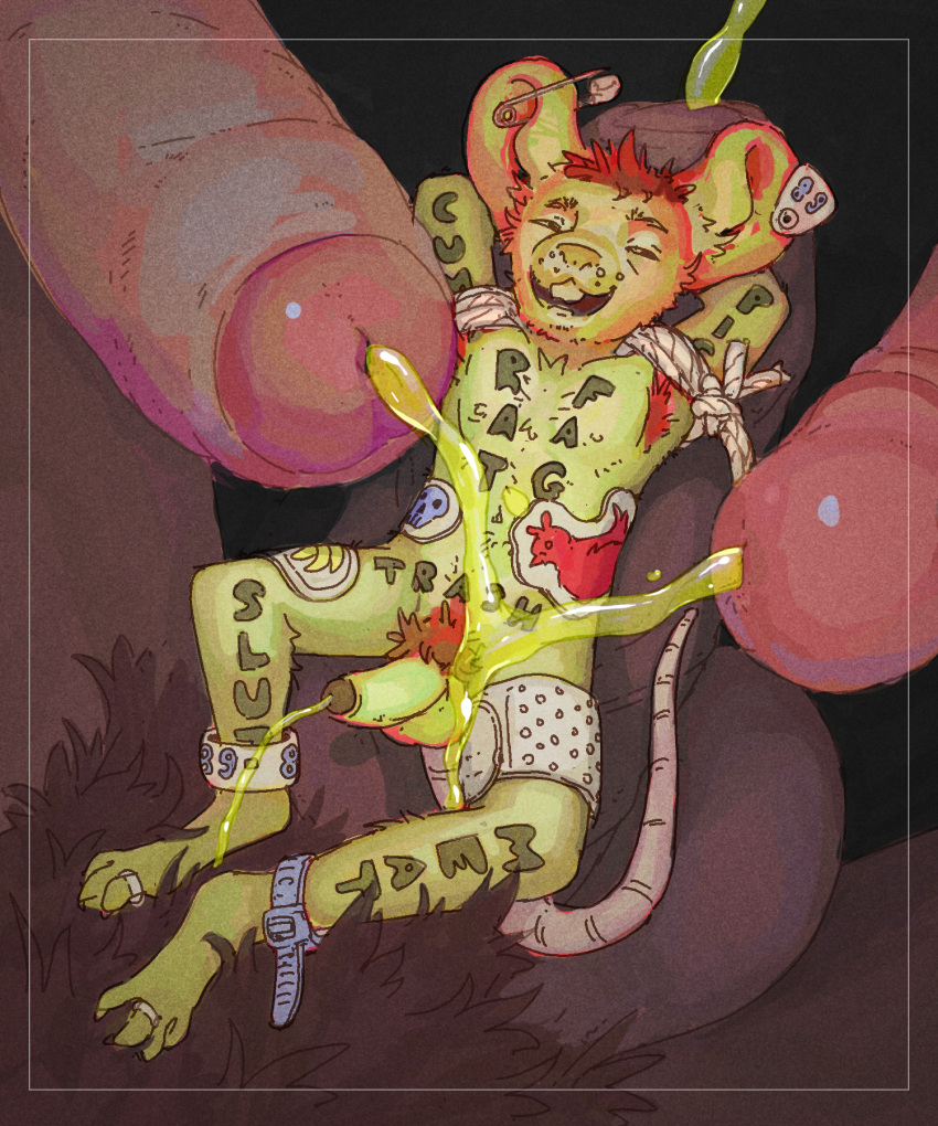 anthro band-aid bandage bodily_fluids body_writing bondage bound cable_tie digit_ring ear_piercing ear_tag erection extreme_size_difference feet foreskin genital_fluids genitals group happy hi_res hindpaw jewelry male male/male mammal micro mouse murid murine nude obrien_(artist) on_penis paws peeing peeing_on_another peeing_on_stomach penis piercing pubes ring rodent safety_pin size_difference slur sticker stickers_on_body string toe_ring toes uncircumcised unknown_species urine urine_on_stomach watersports