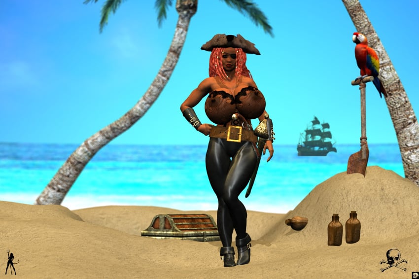 1girls 3d alternate_version_available bare_shoulders beach belt big_breasts bottle brown_eyes busty cleavage curvy dark-skinned_female dark_skin detailed_background erect_nipple erect_nipples eyelashes eyepatch female female_only fishnet front_view hand_on_hip hands_on_hip hands_on_hips hat high_heels hourglass_figure human lipstick long_hair looking_at_viewer makeup nail_polish nipple_piercing no_bra original_character outdoor outside pants piercing pirate pose posing red_hair red_lipstick sand shadow ship solo standing sword tearing_clothes tied_hair torn_clothes tree voluptuous water weapon wide_hips xskullheadx