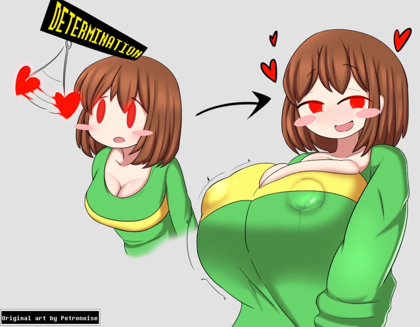 1girls 2d arrow big_breasts breast_expansion breasts brown_hair bursting_breasts chara cleavage clothing determination erect_nipples fae-sama female female_only half-closed_eyes heart hearts huge_breasts human human_female human_only hyper hyper_breasts hypnotized_presentation lactating lactation_through_clothes large_breasts long_sleeves looking_at_viewer neck nipple_bulge open_smile petronoise red_eyes seductive seductive_smile short_hair smile smiling solo solo_female toby_fox undertale undertale_(series)