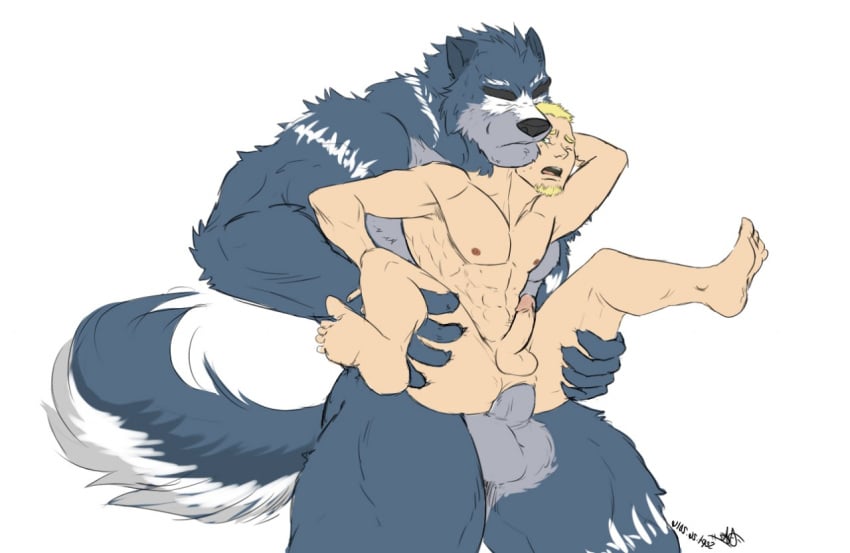 abs anal anal_penetration anal_sex anthro anthro_on_human anthro_on_male anthro_penetrating anthro_penetrating_human anus ass athletic balls barazoku biceps big_muscles big_penis blonde_hair blue_fur canine circumcised claws closed_eyes duo erection facial_hair flat_colors fur gay goatee hair hi_res human human_on_anthro humanoid_penis interspecies itsdhani light_skin male male_on_anthro male_only mammal muscular muscular_male nipples nude pecs penetration penile_penetration penis quads raised_leg raised_tail reverse_suspended_congress sex short_hair simple_background size_difference spread_legs spreading standing stocky teeth triceps wolf yaoi