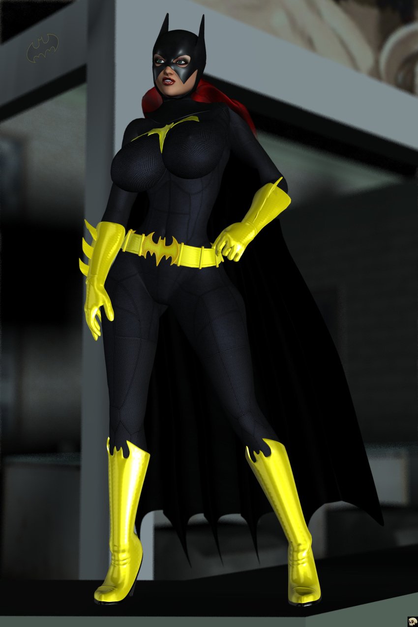 1girls 3d barbara_gordon batgirl batman_(series) belt big_breasts bodysuit boots busty curvy dc dc_comics detailed_background erect_nipple erect_nipples eyelashes female female_only front_view gloves green_eyes high_heel_boots high_heels hourglass_figure human lipstick long_hair looking_at_viewer makeup mask night nipple_bulge outdoor outside pose posing red_hair red_lipstick solo spread_legs spreading standing superheroine voluptuous wide_hips xskullheadx yellow_gloves