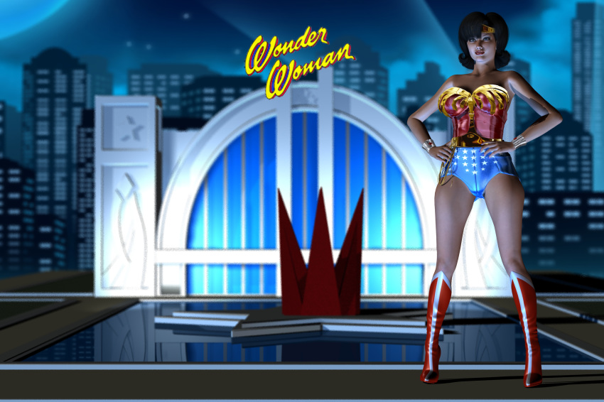 1girls 3d bare_shoulders big_breasts black_hair blue_eyes boots bracer busty choker curvy dc dc_comics detailed_background diana_prince english_text eyelashes female female_only front_view hand_on_hip hands_on_hip hands_on_hips high_heel_boots high_heels hourglass_figure human leotard looking_at_viewer nail_polish night outdoor outside pose posing rope shadow shiny shiny_skin short_hair solo spread_legs spreading standing superheroine text tiara voluptuous water wide_hips wonder_woman wonder_woman_(series) xskullheadx