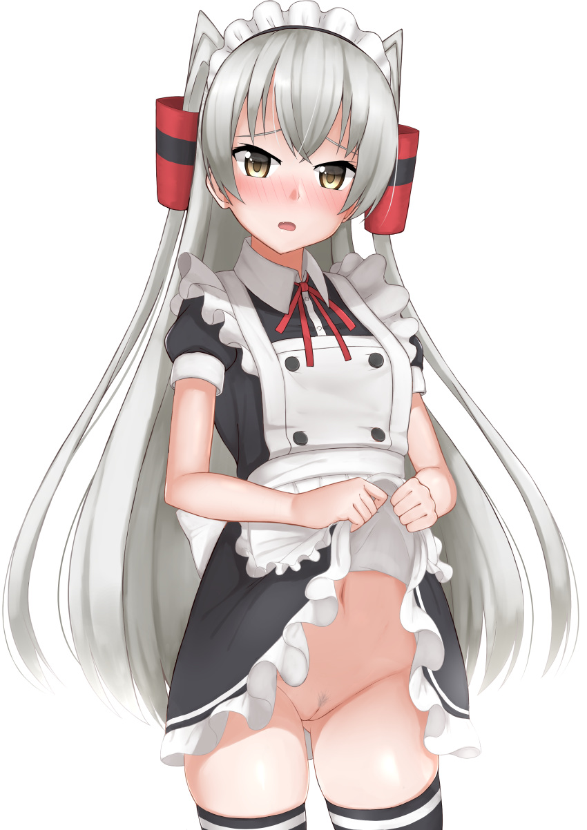 absurdres alternate_costume amatsukaze_(kantai_collection) apron bangs black_dress blush dress dress_lift enmaided female hair_tubes highres kantai_collection long_hair looking_at_viewer maid maid_apron maid_headdress navel neck_ribbon no_panties nose_blush pubic_hair puffy_short_sleeves puffy_sleeves pussy red_neckwear red_ribbon ribbon short_sleeves silver_hair skindentation solo thighhighs tiemu_(man190) two_side_up very_long_hair windsock yellow_eyes