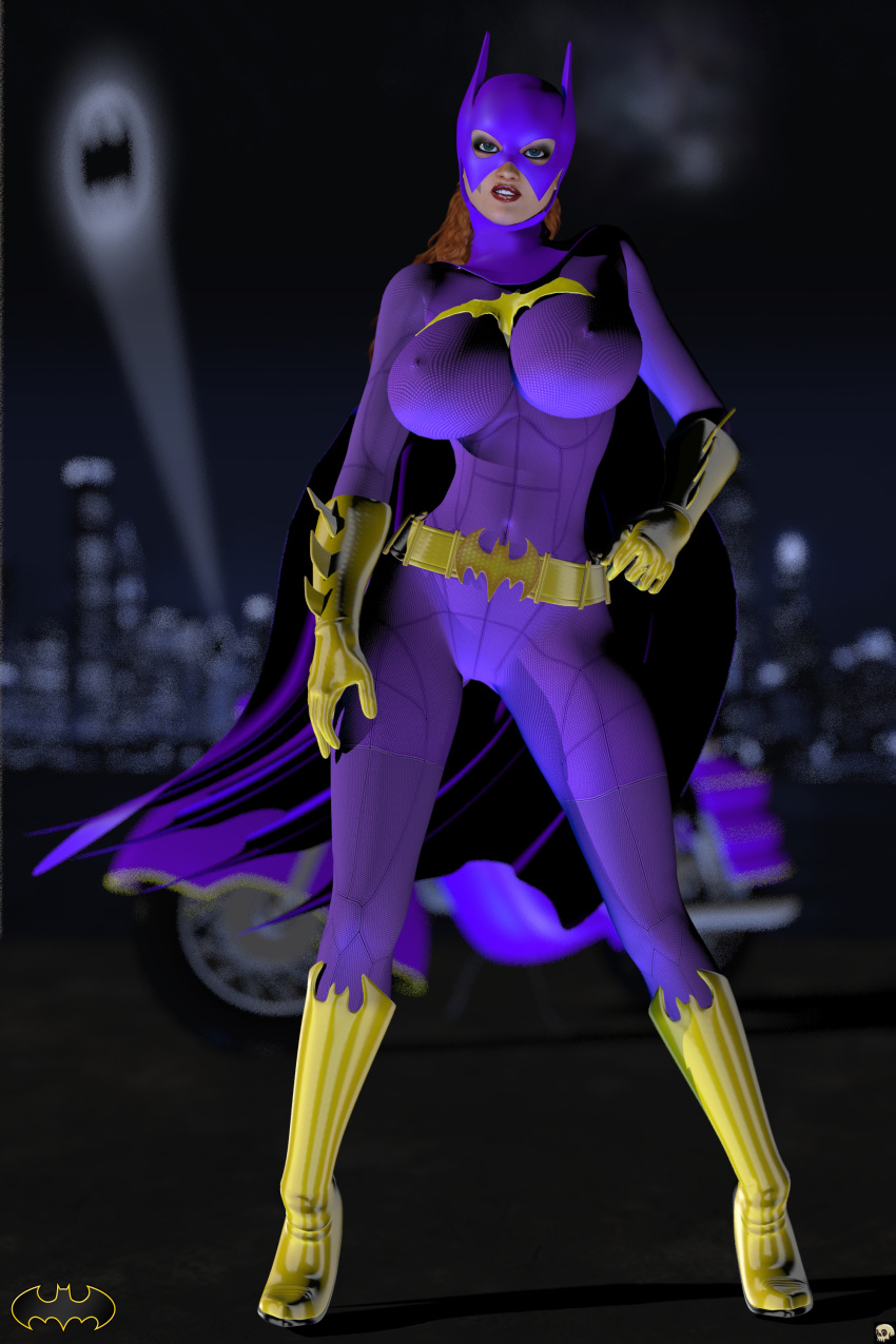 1girls 3d barbara_gordon batcycle batgirl batman_(series) belt big_breasts bike bodysuit boots busty curvy dc dc_comics detailed_background erect_nipple erect_nipples eyelashes female female_only front_view gloves green_eyes hand_on_hip hands_on_hip hands_on_hips high_heel_boots high_heels hourglass_figure human lipstick long_hair looking_at_viewer makeup mask night nipple_bulge outdoor outside pose posing red_hair red_lipstick solo spread_legs spreading standing superheroine voluptuous wide_hips xskullheadx yellow_gloves