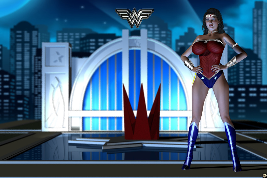 1girls 3d bare_shoulders big_breasts black_hair blue_eyes boots bracer busty choker cleavage curvy dc dc_comics detailed_background diana_prince eyelashes female female_only front_view hand_on_hip hands_on_hip hands_on_hips high_heel_boots high_heels hourglass_figure human leotard long_hair looking_at_viewer nail_polish night outdoor outside pose posing rope shadow shiny shiny_skin solo spread_legs spreading standing superheroine sword tiara voluptuous water wide_hips wonder_woman wonder_woman_(series) xskullheadx