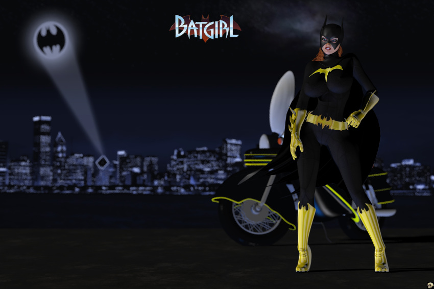 1girls 3d barbara_gordon batcycle batgirl batman_(series) belt big_breasts bike bodysuit boots busty curvy dc dc_comics detailed_background english_text erect_nipple erect_nipples eyelashes female female_only front_view gloves green_eyes hand_on_hip hands_on_hip hands_on_hips high_heel_boots high_heels hourglass_figure human lipstick long_hair looking_at_viewer makeup mask night nipple_bulge outdoor outside pose posing red_hair red_lipstick solo spread_legs spreading standing superheroine text voluptuous wide_hips xskullheadx yellow_gloves