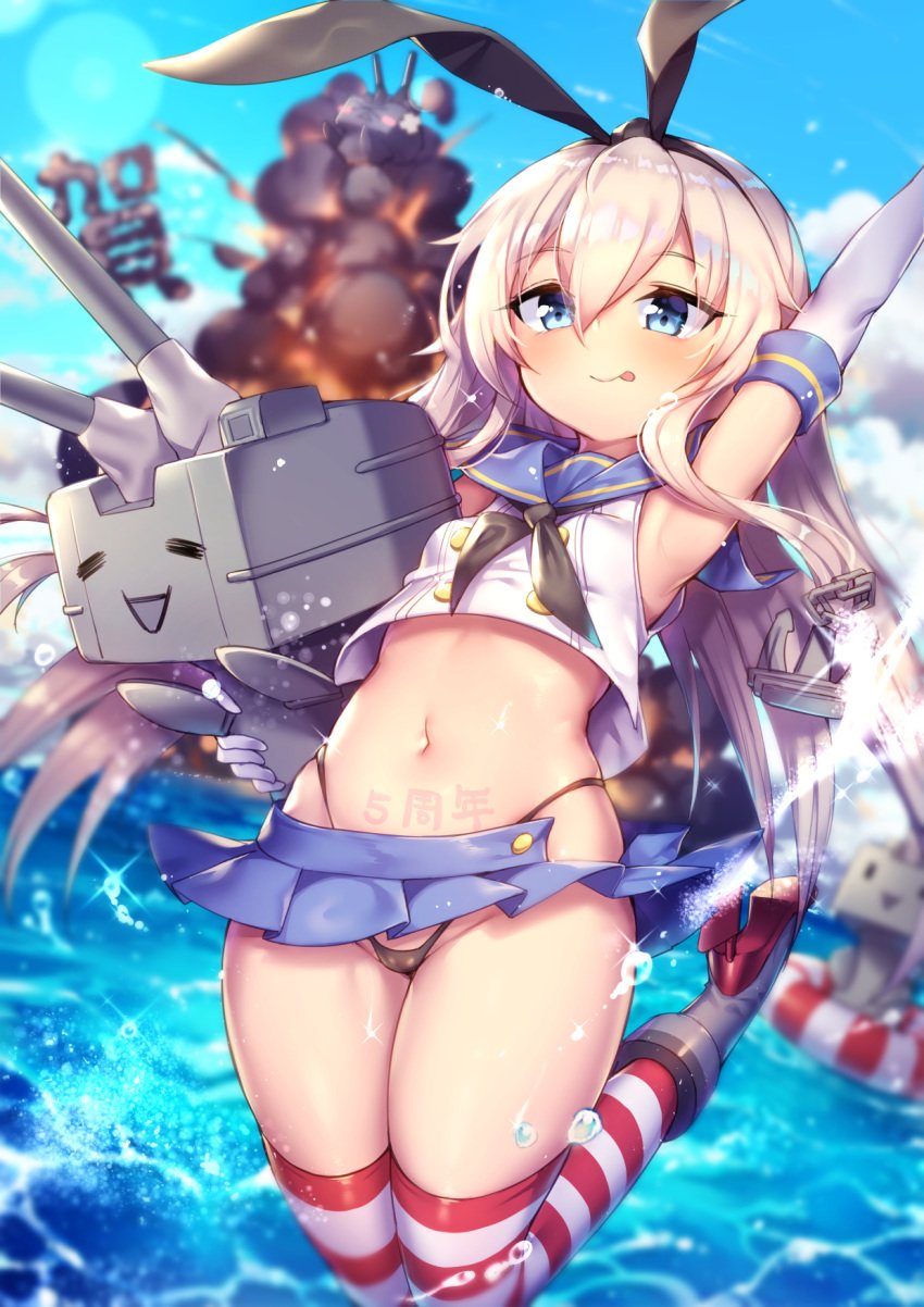 :q =_= anniversary arm_up armpits bangs black_bow black_panties blonde_hair blue_eyes blurry blush bow closed_mouth crop_top crop_top_overhang day depth_of_field elbow_gloves explosion female gloves hairbow highleg highres hips holding kantai_collection lens_flare long_hair navel ocean outdoors panties red_legwear rensouhou-chan sailor_collar shennai_misha shimakaze_(kantai_collection) shiny shiny_hair smile solo thighhighs thighs thong tongue tongue_out underwear white_gloves