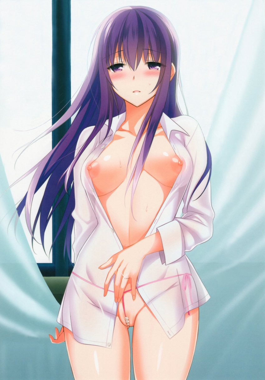 abgrund between_labia breasts dress_shirt innie_pussy large_breasts nipples no_bra open_shirt pantsu photoshop pussy saikawa_yusa see-through string_panties thong