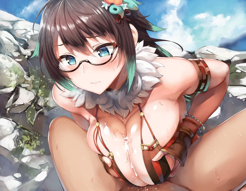 aqua_eyes belko blush breast_hold breasts brown_hair censored cum glasses gloves lolicept long_hair paizuri soboro_sukehiro_(tenka_hyakken) sweat tenka_hyakken