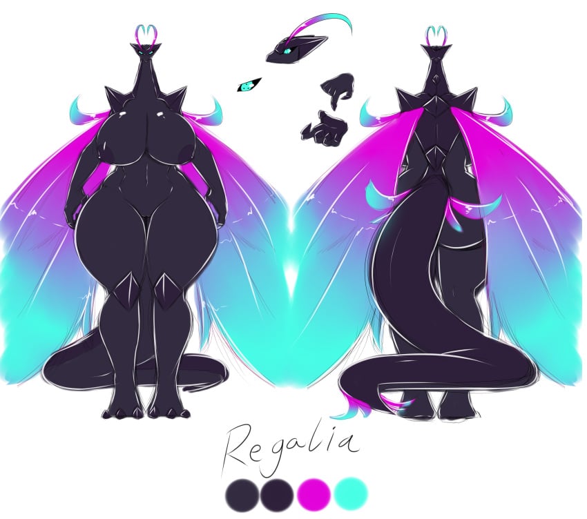 2016 alien anthro ass averyshadydolphin big_breasts big_butt black_nipples black_scales breasts claws digital_media_(artwork) dragon erect_nipples female horn huge_breasts long_tail magical_wings model_sheet navel nipples nude pussy regalia regalia_(character) scalie small_head solo space_dragon standing tail tiny_head vagina wide_hips wings