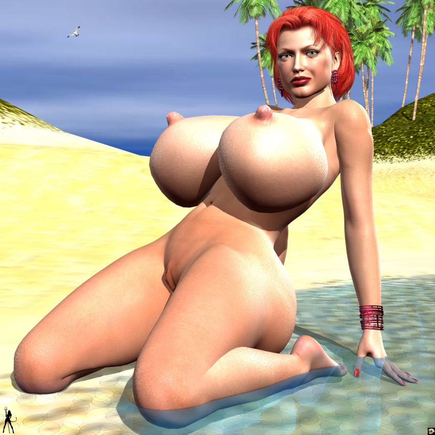 1girls 3d bare_shoulders barefoot beach big_breasts bracelet brooklyn_(xskullheadx) busty cleavage curvy day detailed_background ear_piercing earrings erect_nipple erect_nipples eyelashes female female_only front_view gray_eyes hourglass_figure human kneeling lipstick looking_at_viewer makeup nail_polish naked nude outdoor outside partially_submerged piercing pose posing red_hair red_lipstick sand shadow shaved_pussy shiny shiny_skin short_hair solo tree voluptuous water wide_hips xskullheadx