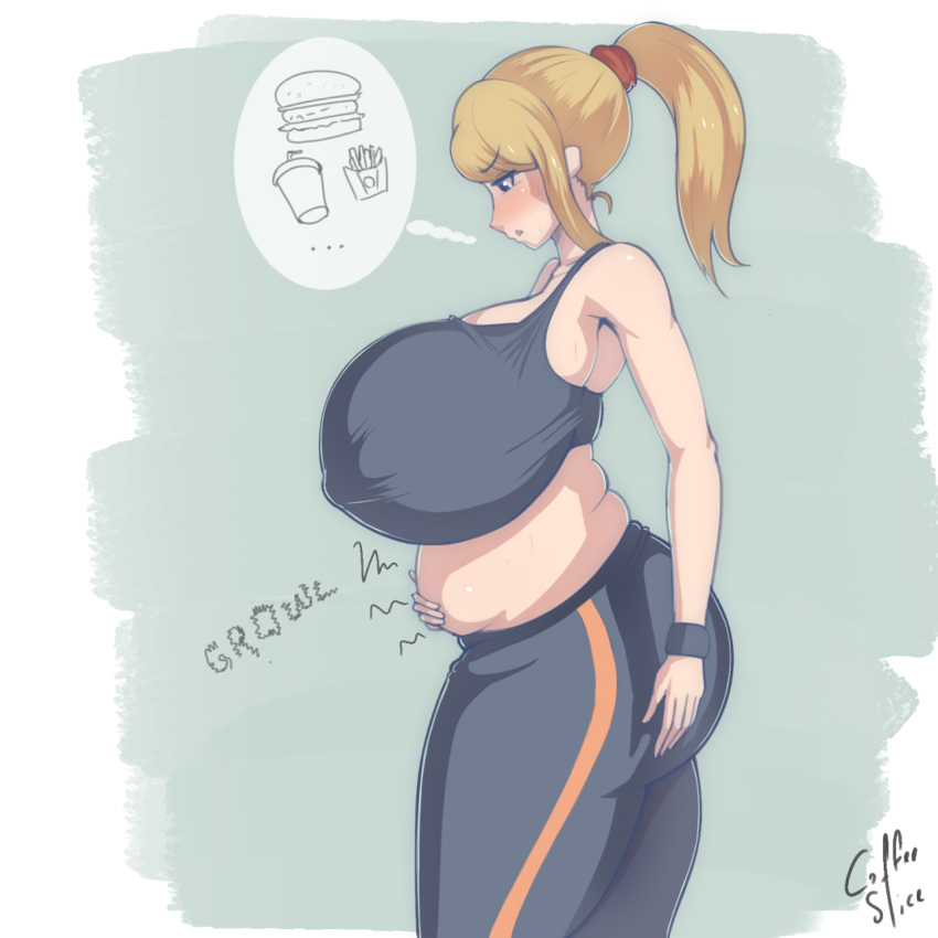 blonde breasts chubby coffeeslice dat_ass fat female female_only female_protagonist gigantic_breasts growling hand_on_stomach huge_breasts hungry large_breasts metroid nintendo overweight samus_aran slightly_chubby track_pants