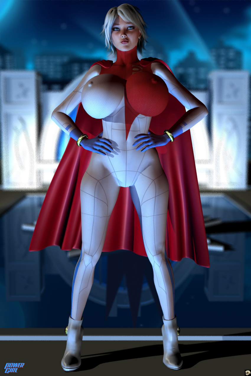 1girls 3d alien alien_girl big_breasts blonde_hair blue_eyes blue_gloves bodysuit boots bracelet busty cape cleavage cleavage_cutout curvy dc dc_comics detailed_background erect_nipple erect_nipples eyelashes female female_only front_view gloves high_heel_boots high_heels hourglass_figure humanoid karen_starr kryptonian lipstick looking_at_viewer makeup night nipple_bulge outdoor outside pose posing power_girl red_lipstick shadow short_hair solo standing superheroine superman_(series) text voluptuous water wide_hips xskullheadx yellow_hair