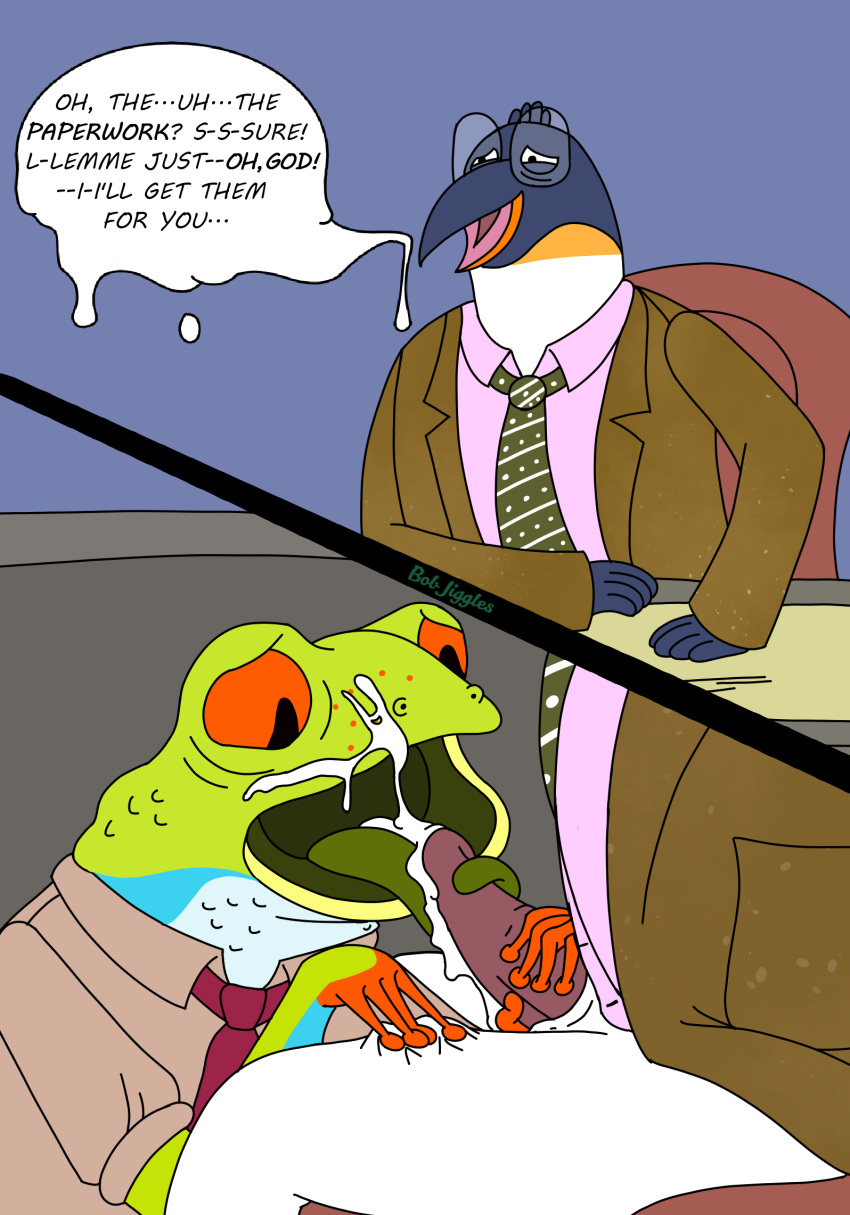 2boys amphibian avian bird bob-jiggles bojack_horseman bottomless charley_witherspoon clothing cum cum_in_mouth cum_on_face duo erection fellatio frog gay giving_head glasses going_down_on green_skin holding_penis interspecies male mouth_open multicolored_body necktie open_mouth oral_sex orange_fingers orange_sclera orgasm orgasm_face orgasm_from_oral penguin penis pinky_penguin prehensile_tongue simple_background tongue tongue_out tree_frog yaoi