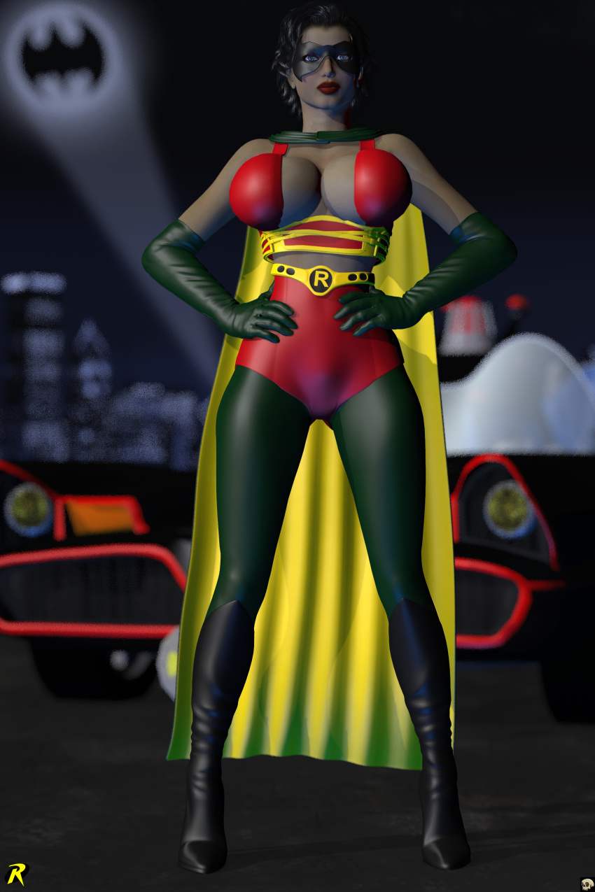 1girls 3d batman_(series) batmobile belt big_breasts black_hair blue_eyes bodysuit busty cape curvy dc dc_comics detailed_background elbow_gloves eyelashes female female_only front_view gloves green_eyes green_gloves high_heel_boots high_heels hourglass_figure human lipstick looking_at_viewer makeup mask night outdoor outside pose posing red_lipstick robin_(dc) robin_(dc)_(other) rule_63 short_hair solo spread_legs spreading standing superheroine voluptuous wide_hips xskullheadx