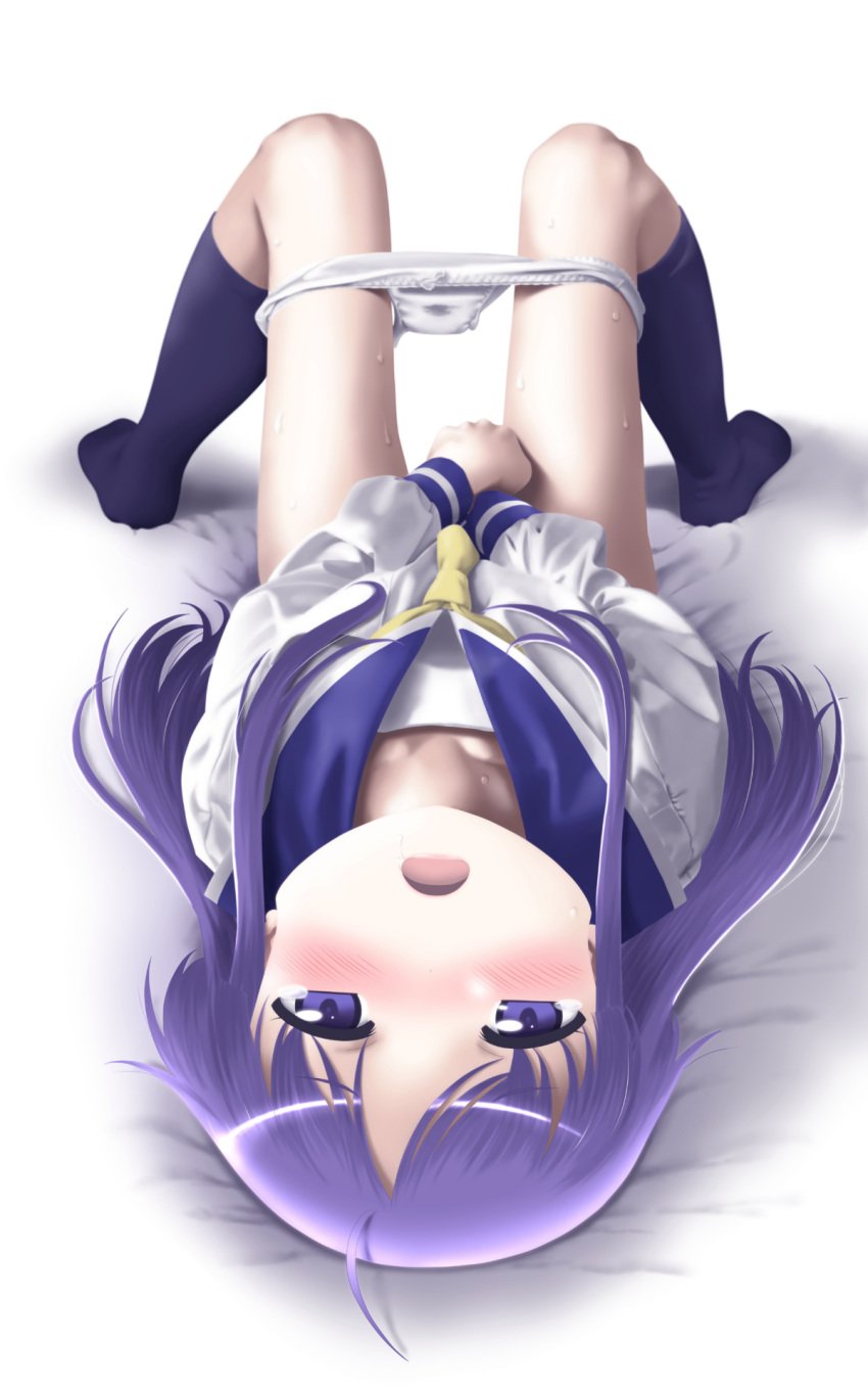 black_legwear blush clothed_masturbation clothing covering covering_crotch female fingering foreshortening highres hinata_yukari kneehighs knees_up legs long_hair lying masturbation moaning no_pants on_back open_mouth panties panty_pull purple_eyes purple_hair pussy_juice_stain school_uniform serafuku shirt skirt solo sweat tora_tsugumi underwear v_arms white_panties white_shirt yuyushiki