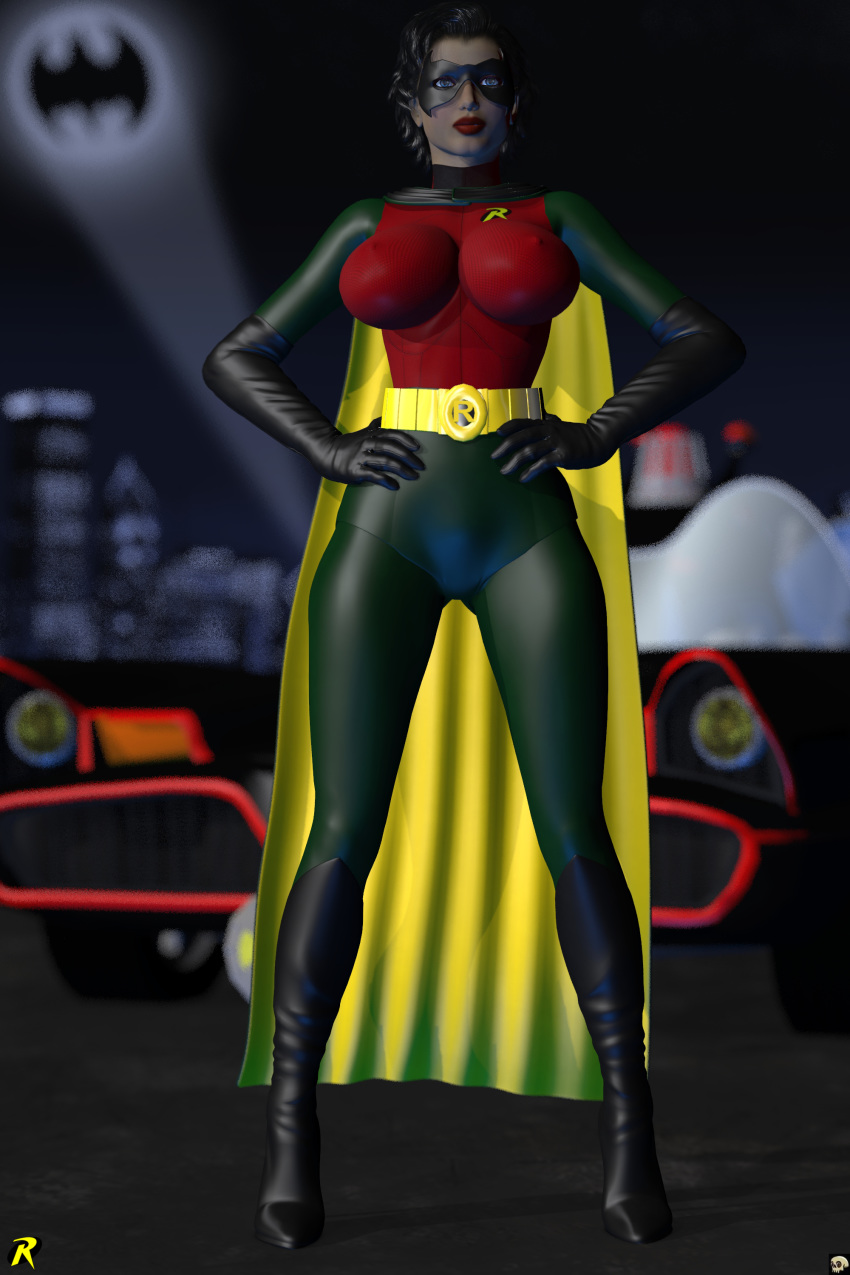 1girls 3d batman_(series) batmobile belt big_breasts black_gloves black_hair blue_eyes bodysuit busty cape curvy dc dc_comics detailed_background elbow_gloves eyelashes female female_only front_view gloves green_eyes high_heel_boots high_heels hourglass_figure human lipstick looking_at_viewer makeup mask night outdoor outside pose posing red_lipstick robin_(dc) robin_(dc)_(other) rule_63 short_hair solo spread_legs spreading standing superheroine voluptuous wide_hips xskullheadx