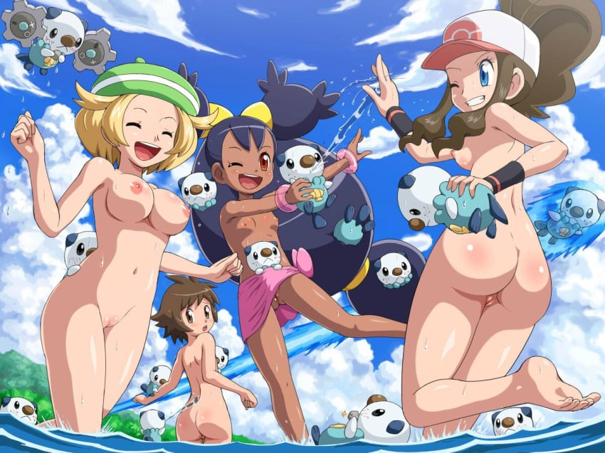 1boy 3girls ambiguous_gender ass bianca_(pokemon) blush breasts casual_nudity dark-skinned_female dark_skin feet furry giaru harem hilbert_(pokemon) hilda_(pokemon) human interspecies iris_(pokemon) klink mijumaru nintendo nipples npc_trainer nude nude_filter oshawott pokemoa pokemon pokemon_(species) pokemon_bw pussy touya_(pokemon)