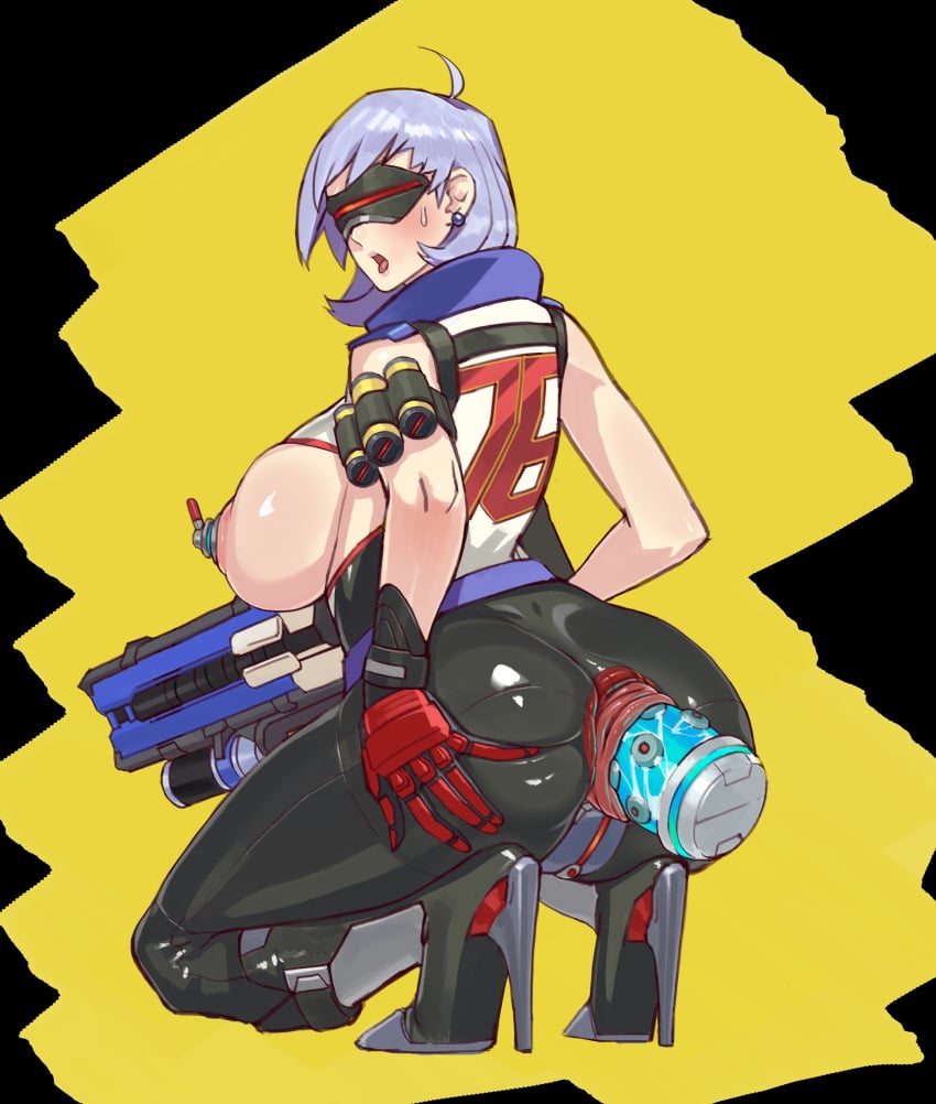 absurdres ahoge anal anal_object_insertion anal_prolapse areolae ass ass_cutout ass_juice battle_rifle breastless_clothes breasts dildo earrings female from_behind genderswap_(mtf) gloves gun high_heels highres huge_breasts jewelry large_insertion looking_back lube object_insertion open_mouth overwatch overwatch_2 pasties prolapse red_gloves rifle rule_63 short_hair silver_hair skin_tight soldier_76 soldier_76_(female) solo space_(uchuu) spread_ass squatting sweatdrop tongue tongue_out uncensored visor weapon yuzhou