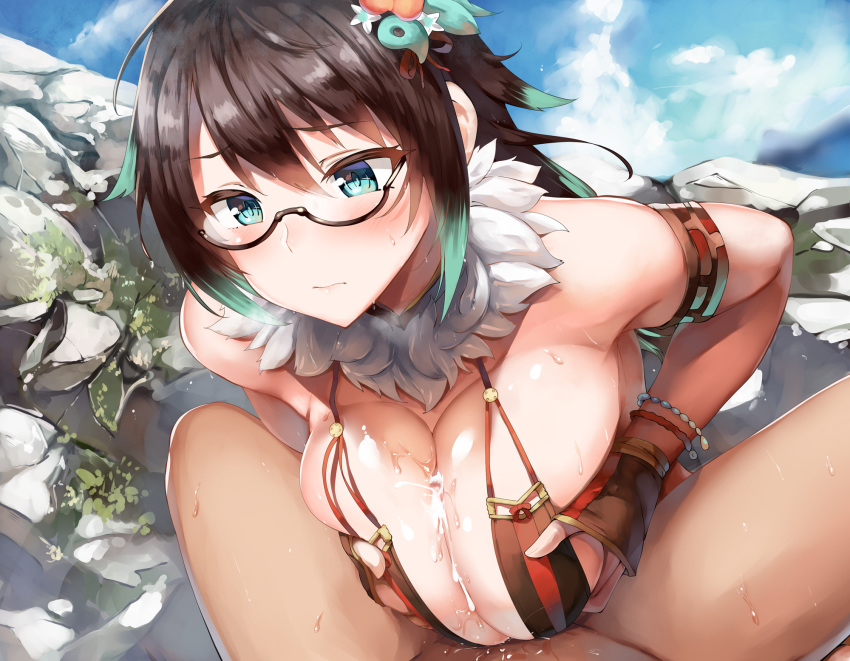 1boy armlet bangs belko blue_eyes blush bracelet breast_squeeze breasts brown_hair censored closed_mouth commentary_request cum cum_bridge cum_on_body cum_on_breasts cum_on_upper_body cum_string day eyebrows_visible_through_hair female green_hair hair_ornament highlights highres jewelry large_breasts lolicept long_hair mosaic_censoring multicolored_hair outdoors paizuri revision sidelocks soboro_sukehiro_(tenka_hyakken) solo_focus straight sweat tenka_hyakken tsurime