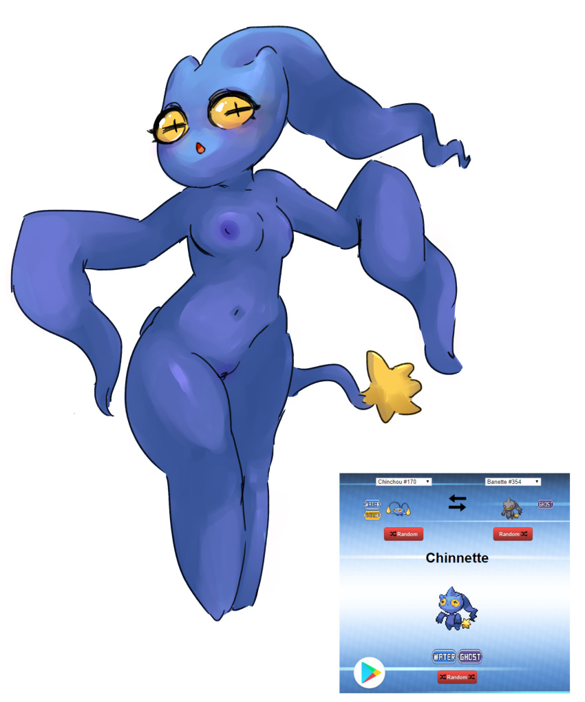 1girls alternate_color alternate_species anthro banette blue_skin blue_tail breasts chinchou cross_pupils exotic_pupils female female_only front_view full-length_portrait furry fusion humanoid humanoidized hybrid navel nintendo nipples no_humans noseless nude open_mouth original_character pokémon_(species) pokemon pokemon_rse pokemorph portrait purple_nipples pussy rainbowsprinklesart simple_background solo standing text thick_thighs unusual_pupils video_games white_background wide_hips yellow_eyes