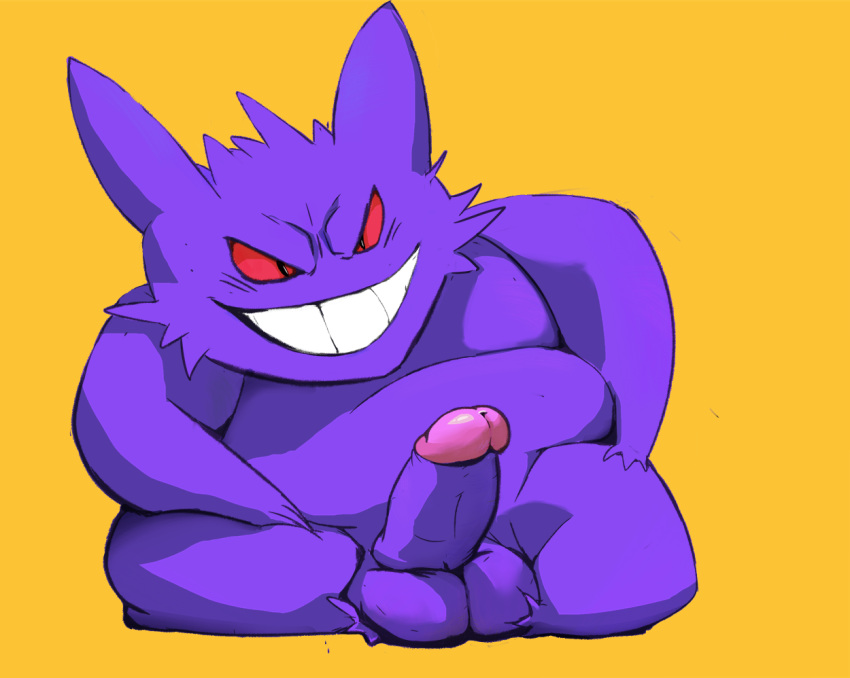 1boy big_penis big_testicles black_eyes chubby erection fur gengar ghost glans grin humanoid_penis male male_only miloyoyo nintendo nude penis pokémon_(species) pokemon pokemon_rgby presenting presenting_penis purple_fur purple_skin red_sclera simple_background sitting smile solo testicles thick_penis thick_thighs video_games wide_hips yellow_background