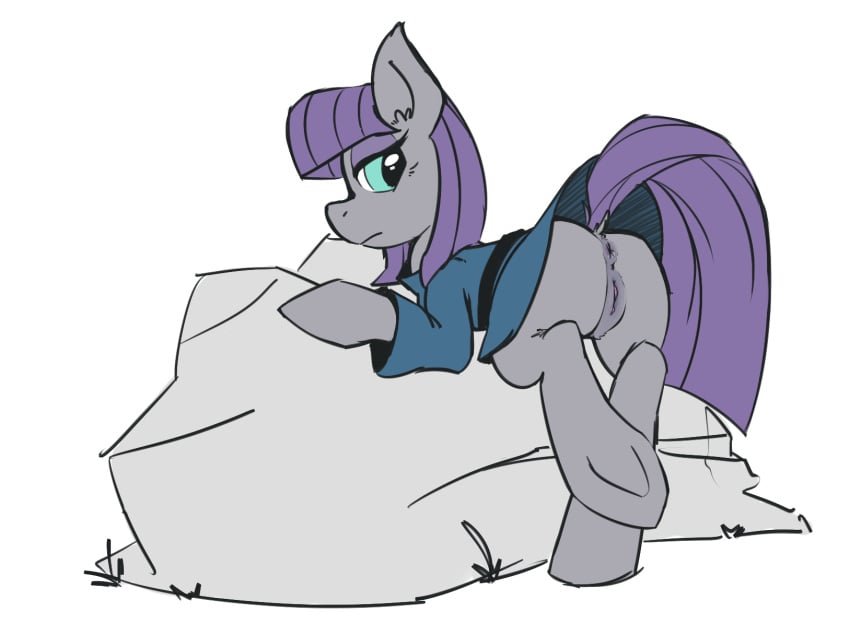 2014 anus ass blue_eyes boulder clothing earth_pony equine female feral friendship_is_magic fur grey_fur hair half-closed_eyes horse mammal maud_pie_(mlp) my_little_pony notsafeforhoofs pony purple_hair pussy raised_tail rock simple_background solo white_background