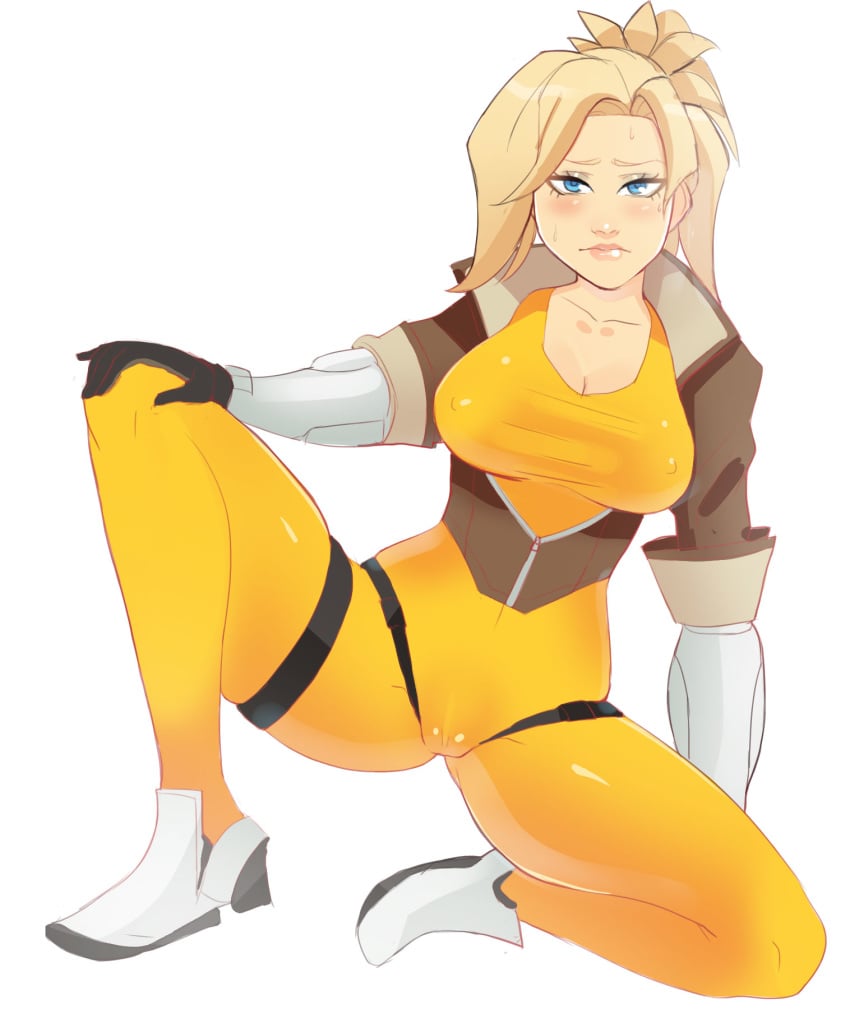 bodysuit breasts cameltoe costume_change costume_switch erect_nipples greenmarine mercy overwatch overwatch_2 skin_tight spread_legs sweat tracer_(cosplay)