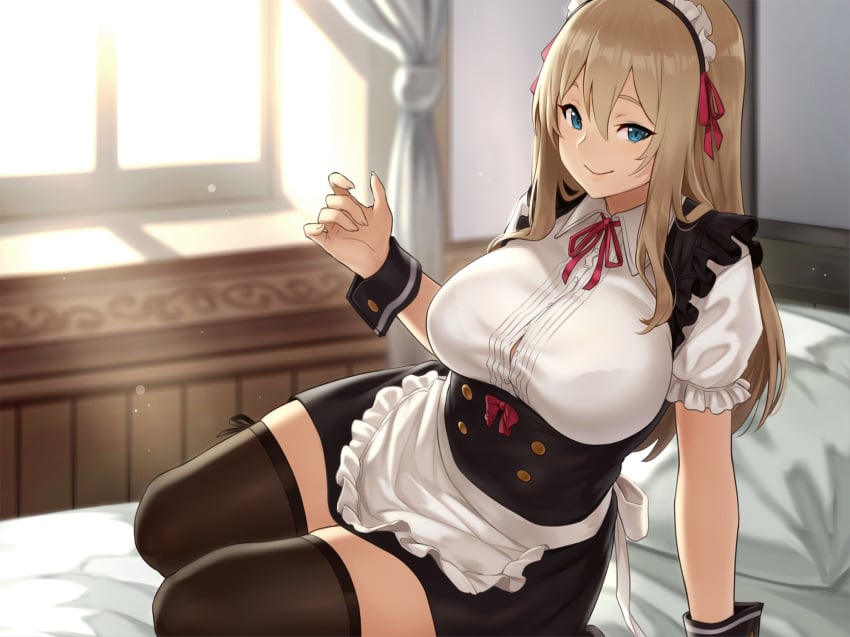 apron arm_support bed bed_sheet black_legwear blue_eyes blush breasts brown_hair closed_mouth curtains dress female female female_only frills hair_between_eyes houtengeki huge_breasts indoors large_breasts long_hair looking_at_viewer maid maid_apron maid_headdress maid_uniform on_bed original pillow puffy_short_sleeves red_ribbon ribbon short_sleeves sitting smile solo sunlight thick_thighs thighhighs thighs underbust waist_apron wide_hips window wristcuffs yokozuwari zettai_ryouiki