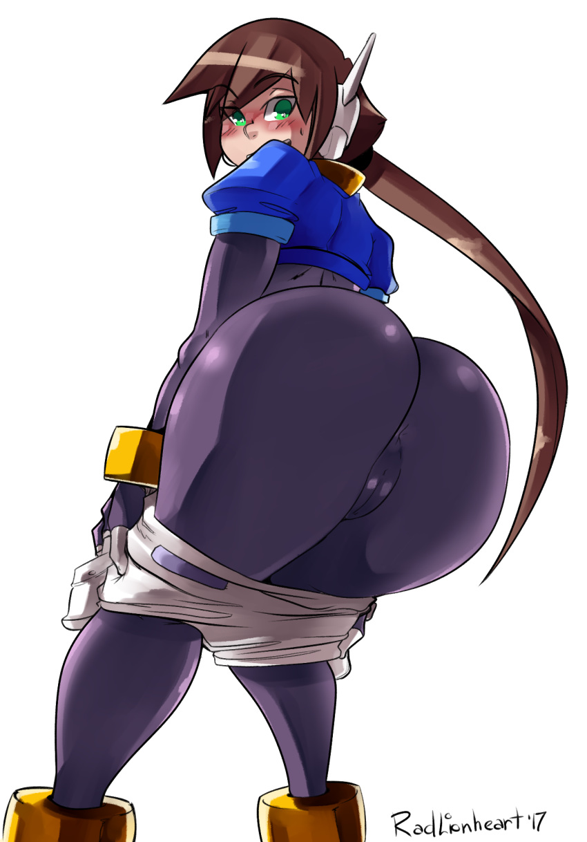 1girls aile anus ass blush bodystocking bodysuit brown_hair cameltoe capcom covered_anus female from_below green_eyes looking_at_viewer mega_man mega_man_zx_advent ponytail pussy radlionheart skin_tight