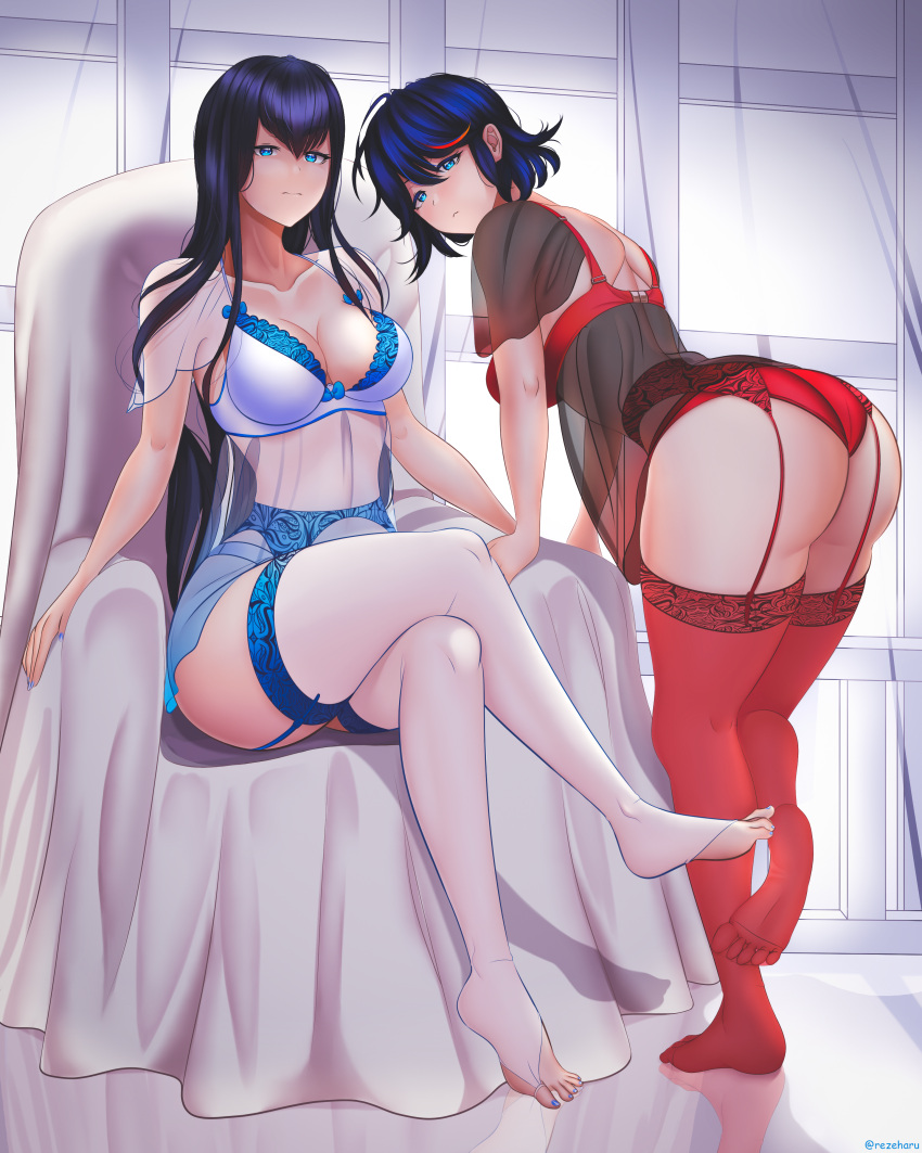 2girls absurd_res ass big_ass big_breasts big_butt blue_eyes breasts eye_contact female female_only high_resolution kill_la_kill kiryuuin_satsuki lingerie long_hair looking_at_viewer matoi_ryuuko rezeharu short_hair sisters thick_thighs thighhighs thighs